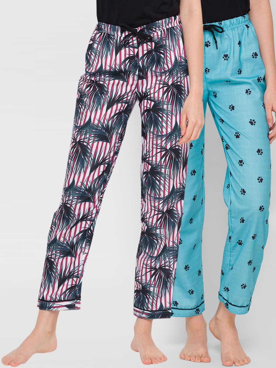 FashionRack Women Pack Of 2 Red & Blue Printed Cotton Lounge Pants Price in India