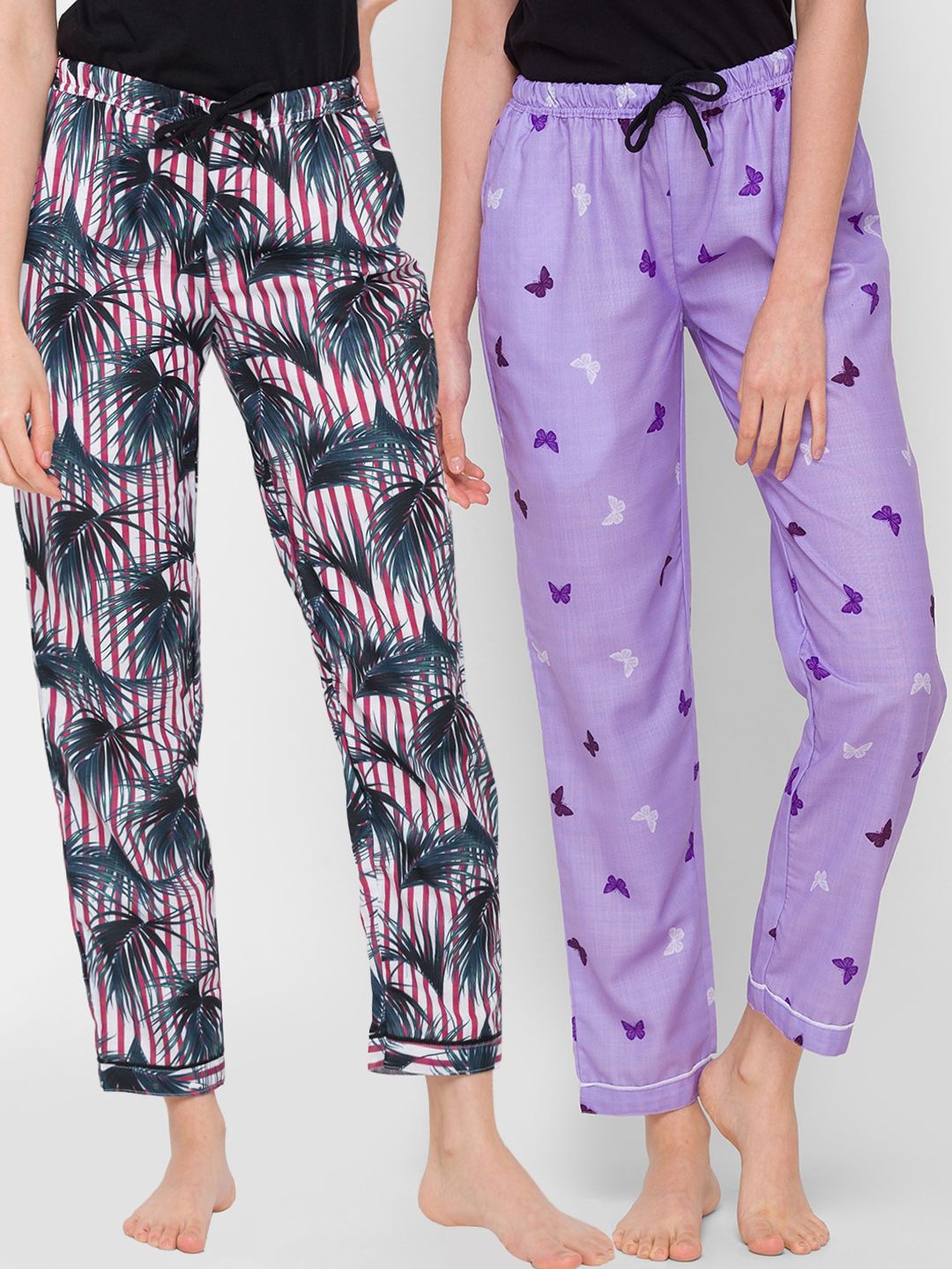 Kryptic Woman Pack Of 2 Red & Purple Printed 100% Cotton Lounge Pants Price in India