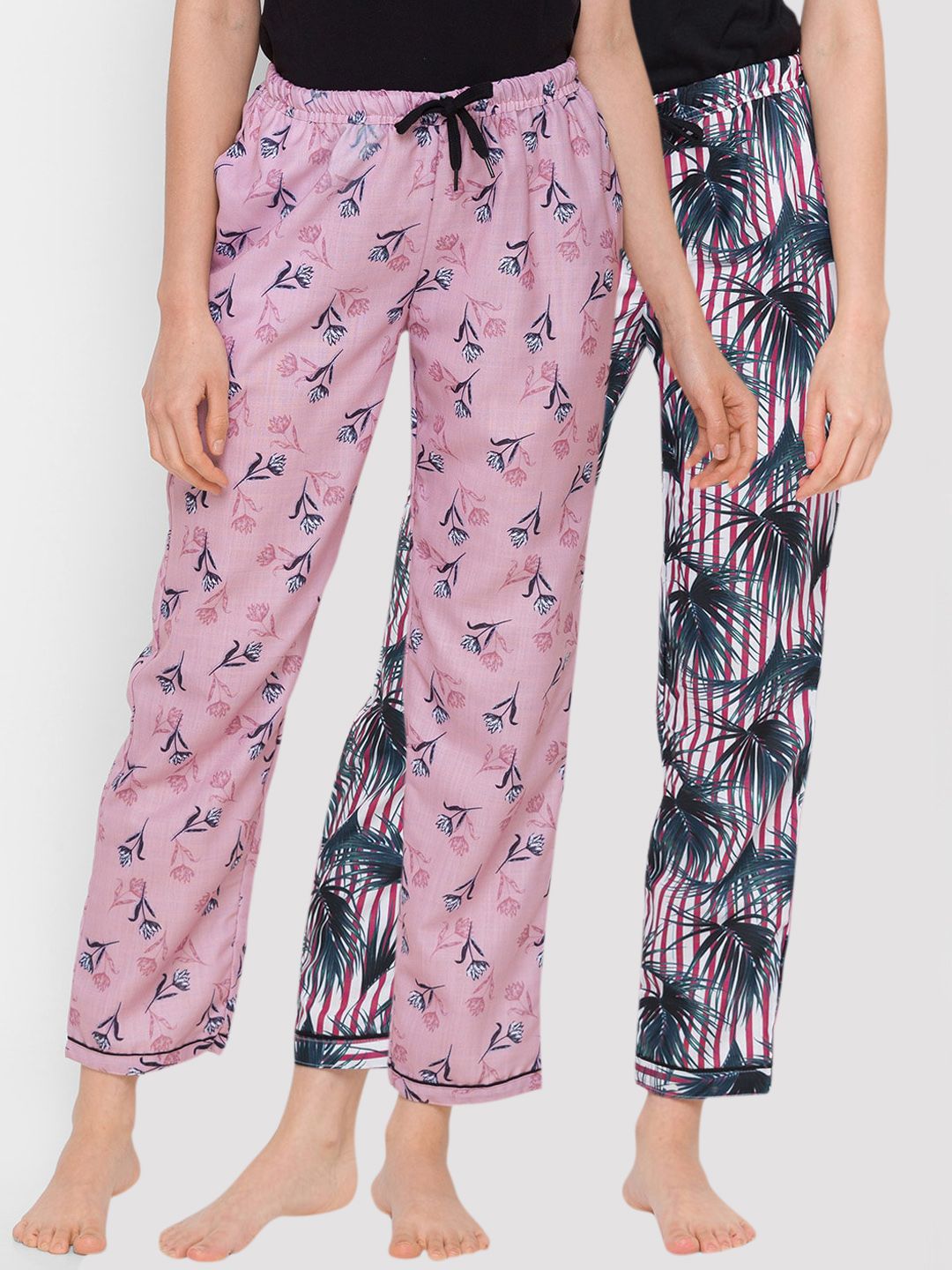 FashionRack Women Pack Of 2 Red & Pink Printed Cotton Lounge Pants Price in India