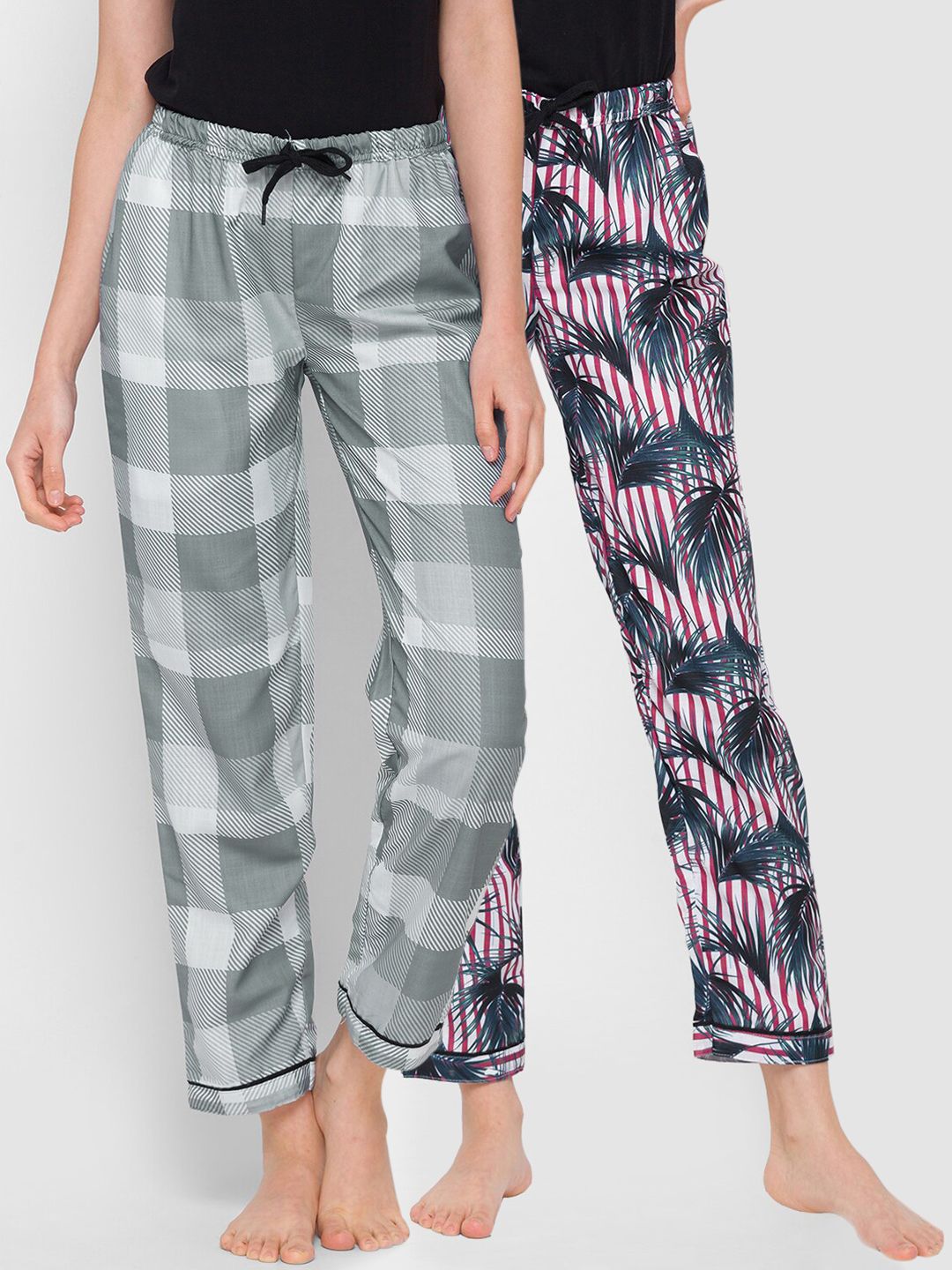 FashionRack Women Pack of 2 Red & Grey Cotton Printed Pyjamas Price in India