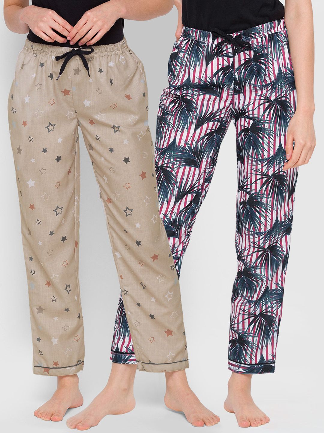 FashionRack Women Red & Beige Set Of 2 Printed Cotton Lounge Pants Price in India