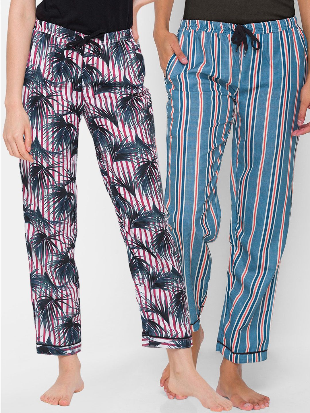 FashionRack Women Red & Blue Set Of 2 Printed Cotton Lounge Pants Price in India