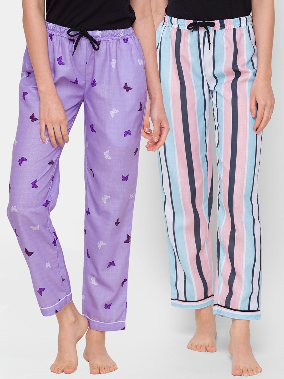 FashionRack Woman Pack of 2 Purple & Multi Striped Lounge Pants Price in India