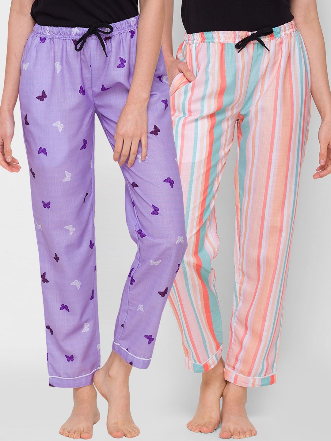 FashionRack Women Purple & Peach-Coloured Set Of 2 Printed Cotton Lounge Pants Price in India