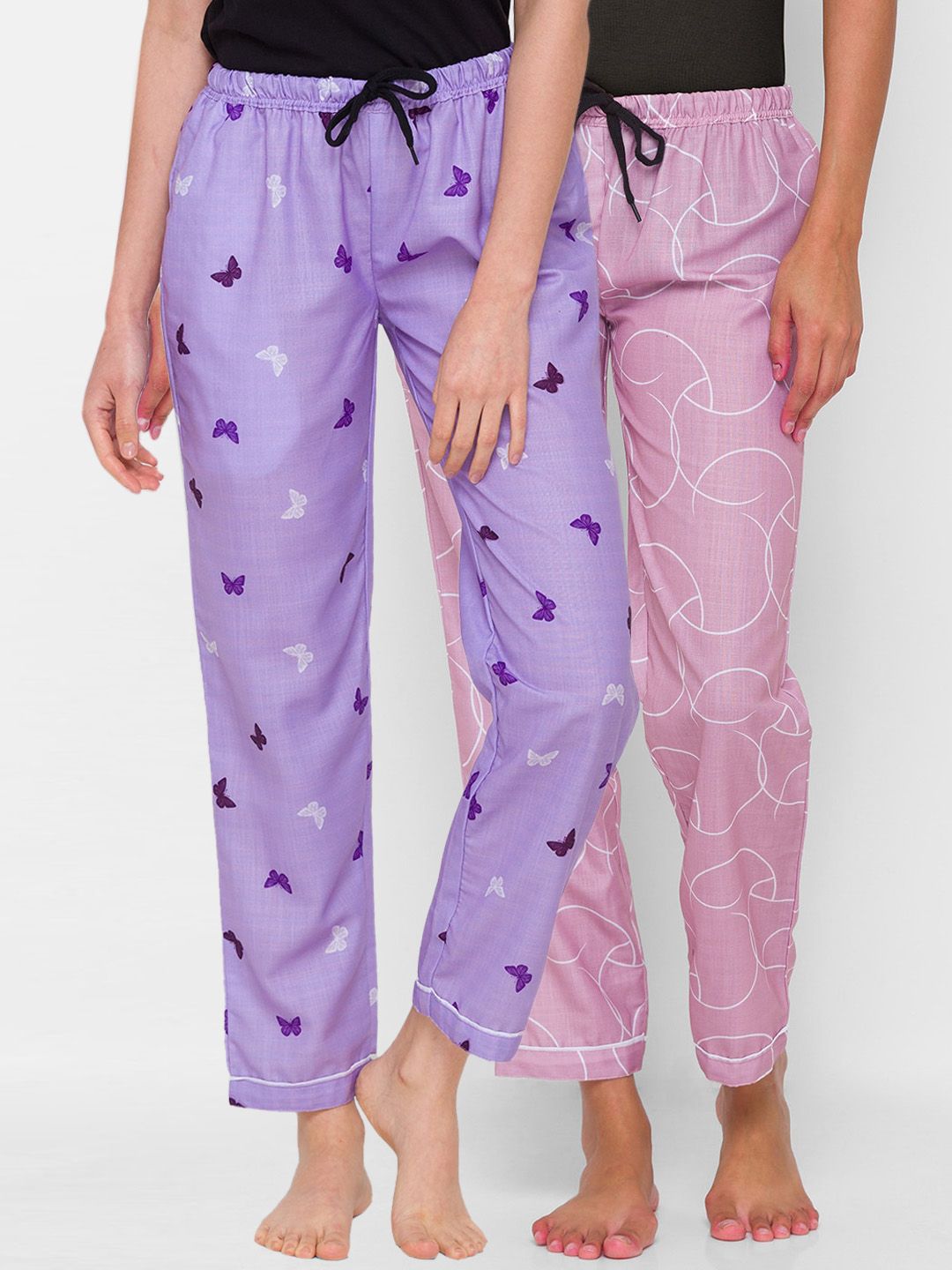 FashionRack Women Pink & Lavender Pack of 2 Printed Cotton Lounge Pants Price in India