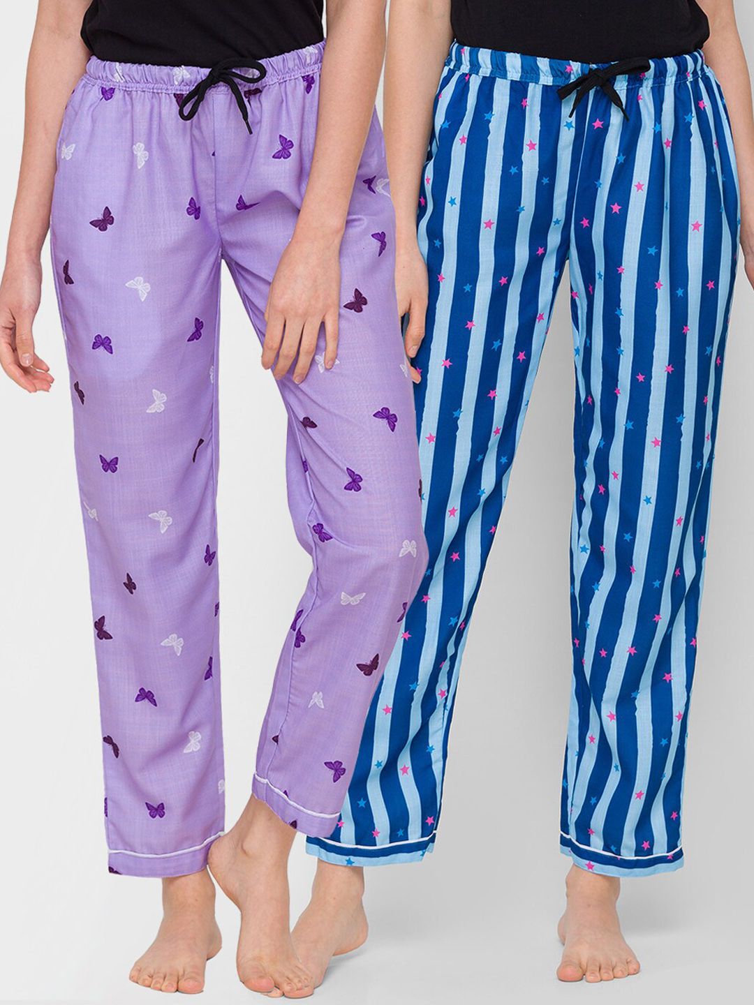 FashionRack Women Pack of 2 Purple & Blue Cotton Printed Pyjamas Price in India