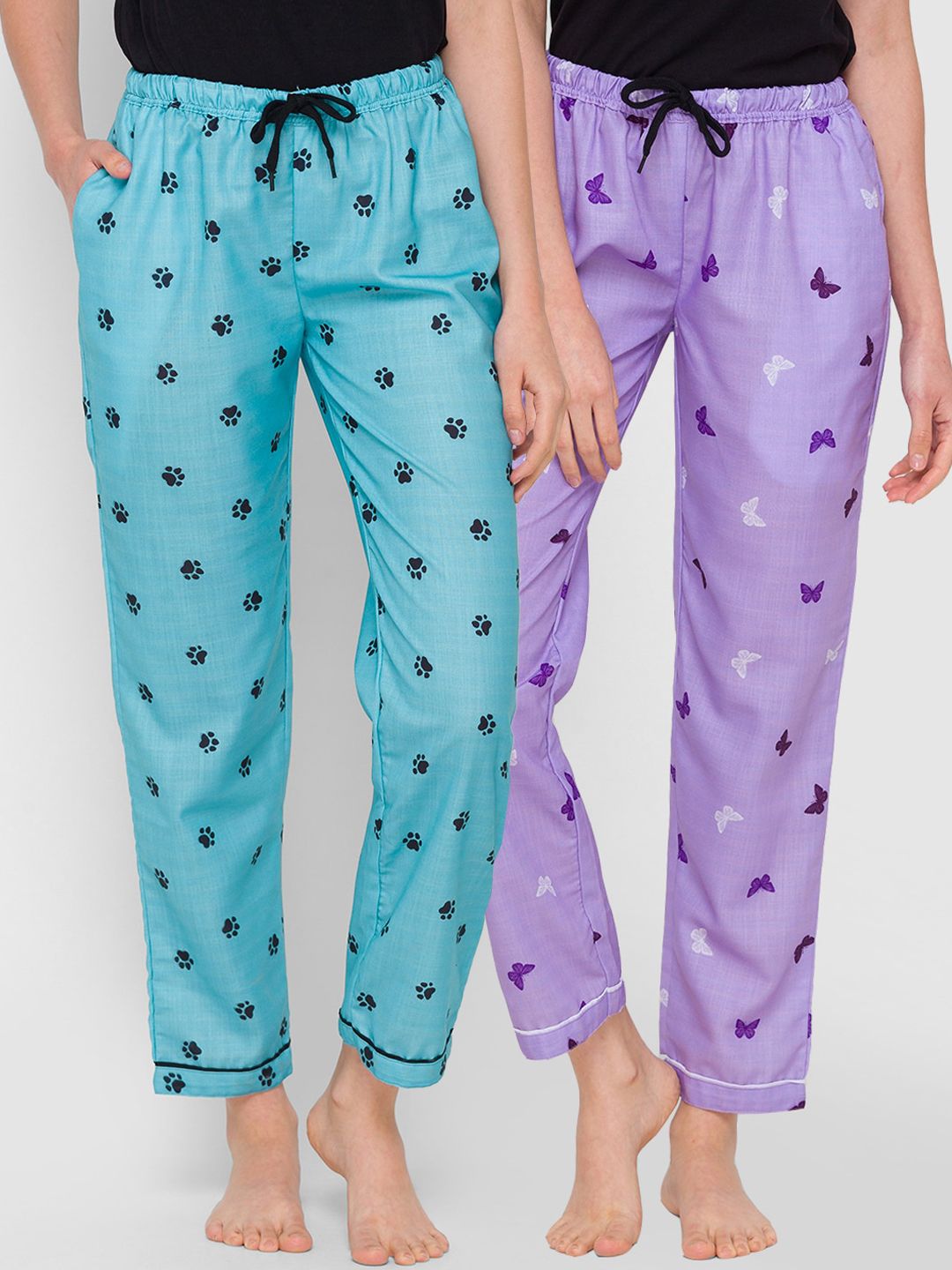 FashionRack Women Pack Of 2 Purple & Blue Printed Cotton Lounge Pants Price in India