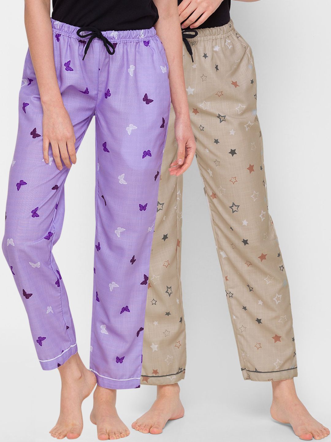 FashionRack Women Purple & Beige Set Of 2 Printed Cotton Lounge Pants Price in India