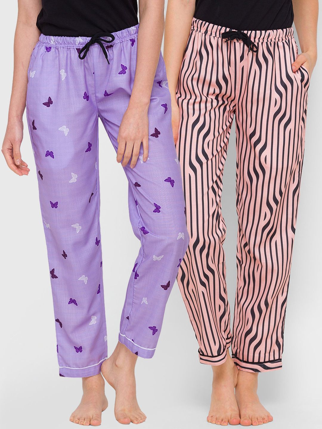 FashionRack Women Pack Of 2 Purple & Beige Printed Cotton Lounge Pants Price in India