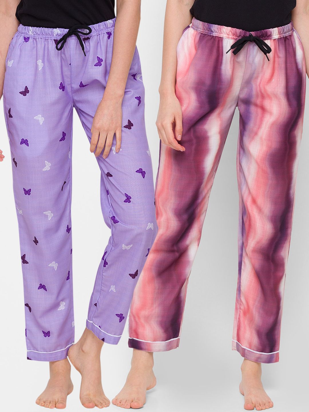 FashionRack Women Purple Set Of 2 Printed Cotton Lounge Pants Price in India