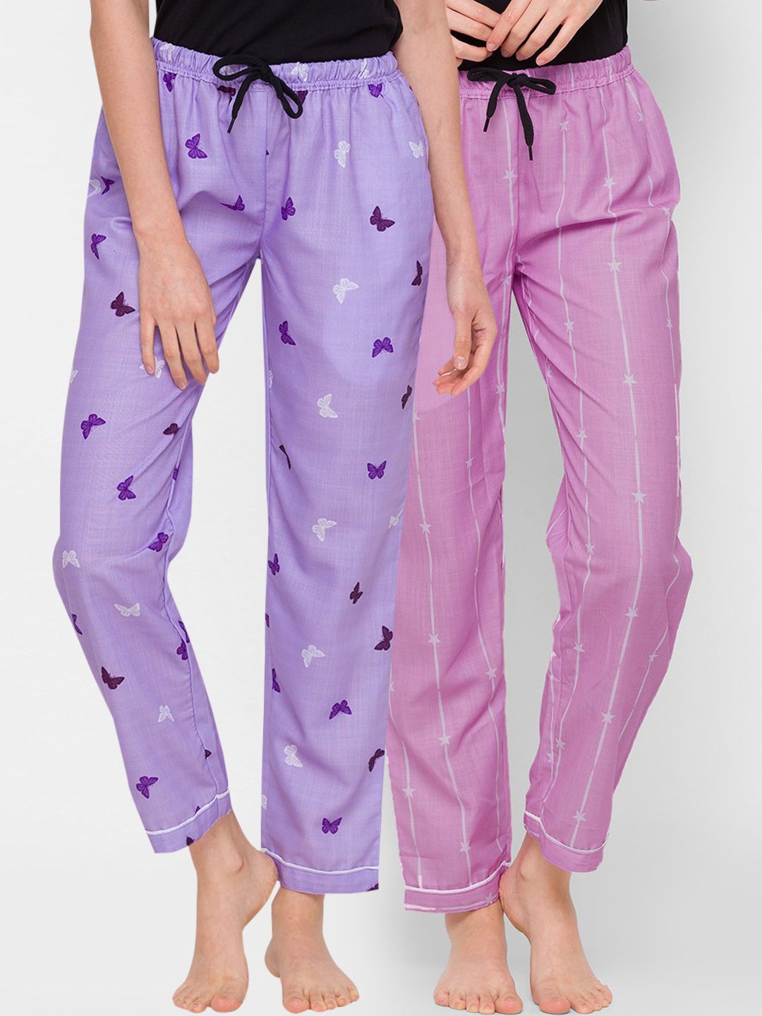 FashionRack Women Pink & Lavender Pack of 2 Printed Cotton Lounge Pants Price in India