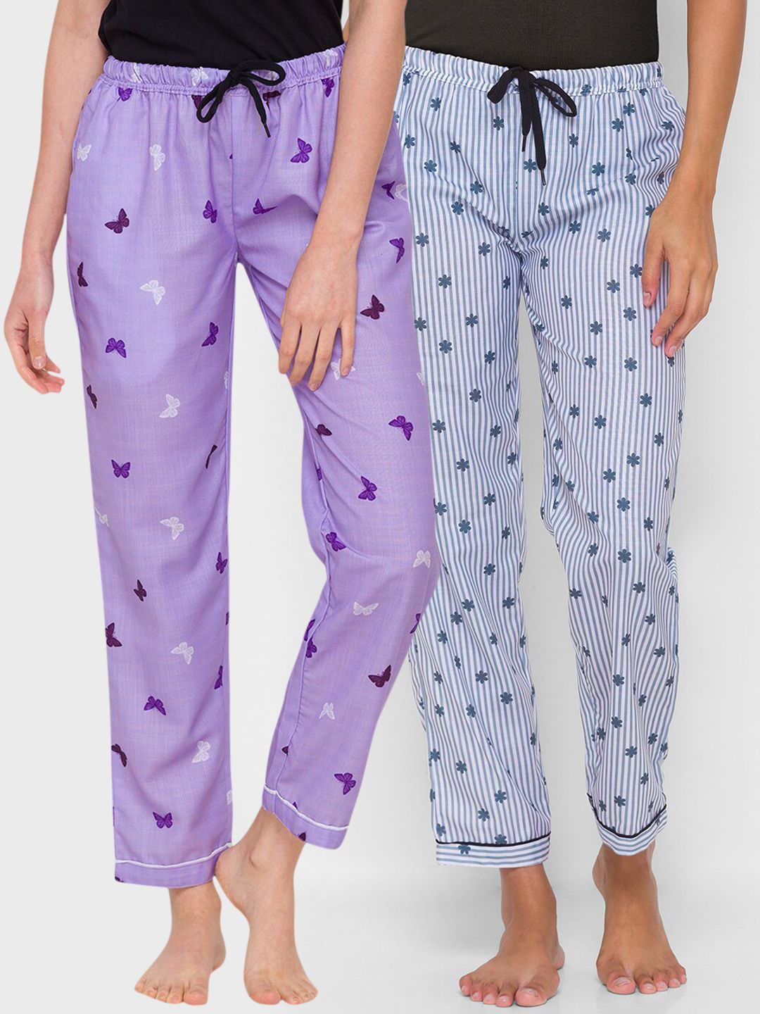 FashionRack Women Pack of 2 Purple & Grey Cotton Printed Lounge Pants Price in India