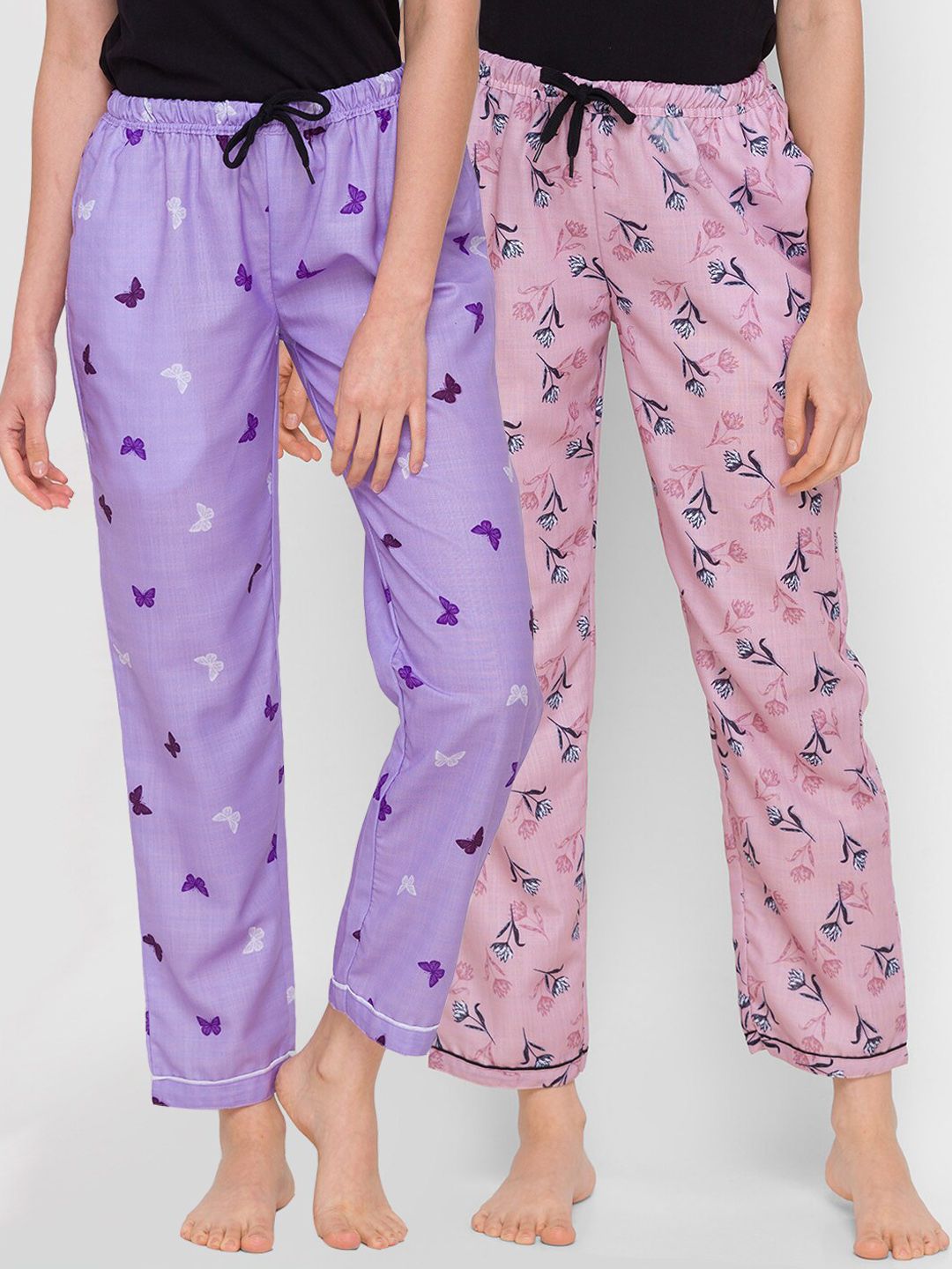 FashionRack Women Pack Of 2 Purple & Pink Printed Cotton Lounge Pants Price in India