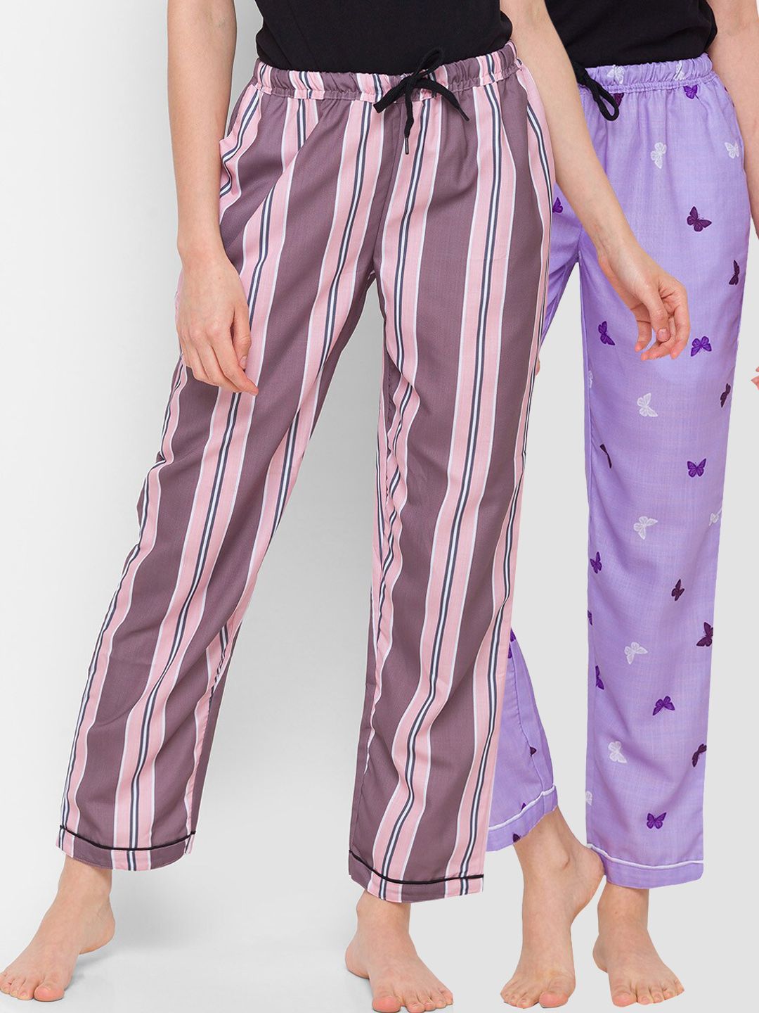 FashionRack Women Purple & Pink Set Of 2 Printed Cotton Lounge Pants Price in India