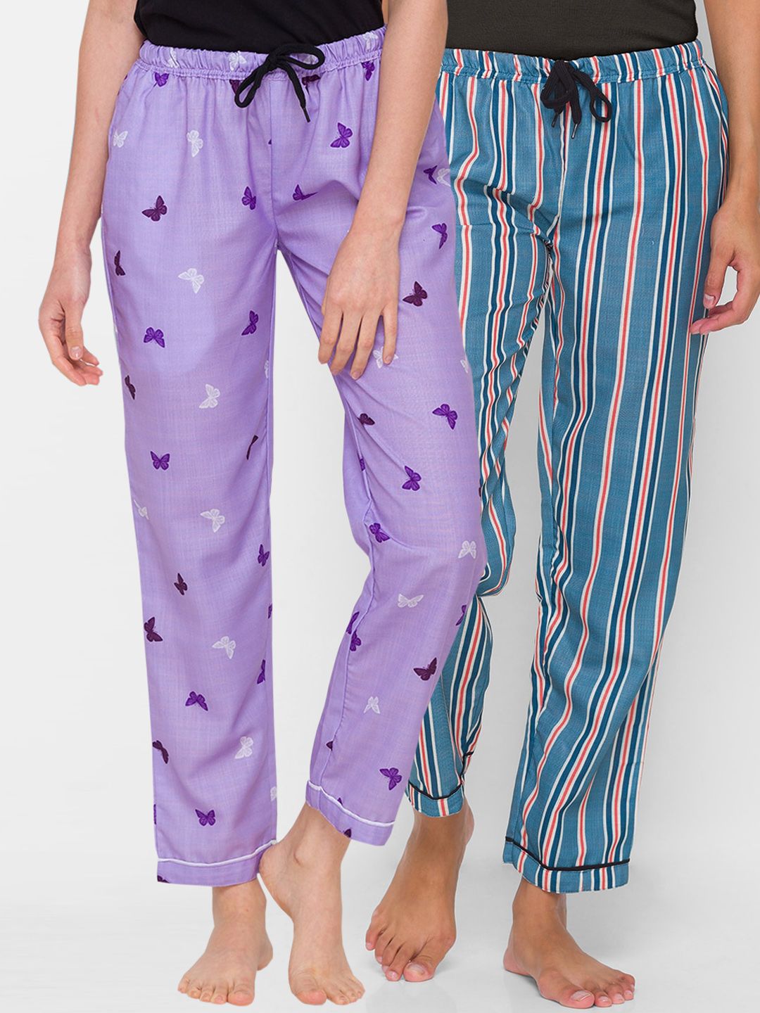 FashionRack Women Lavender & Navy Blue Pack of 2 Printed Cotton Lounge Pants Price in India