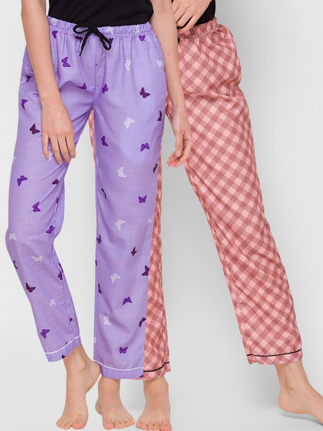 FashionRack Women Pack Of 2 Purple & Brown Printed Cotton Lounge Pants Price in India