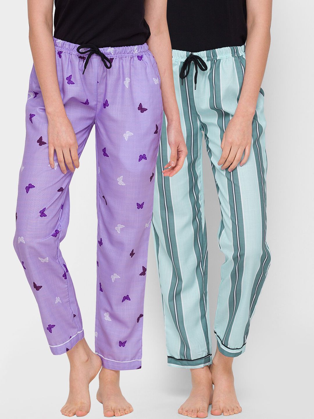 FashionRack Women Lavender & Blue Pack of 2 Printed Cotton Lounge Pants Price in India