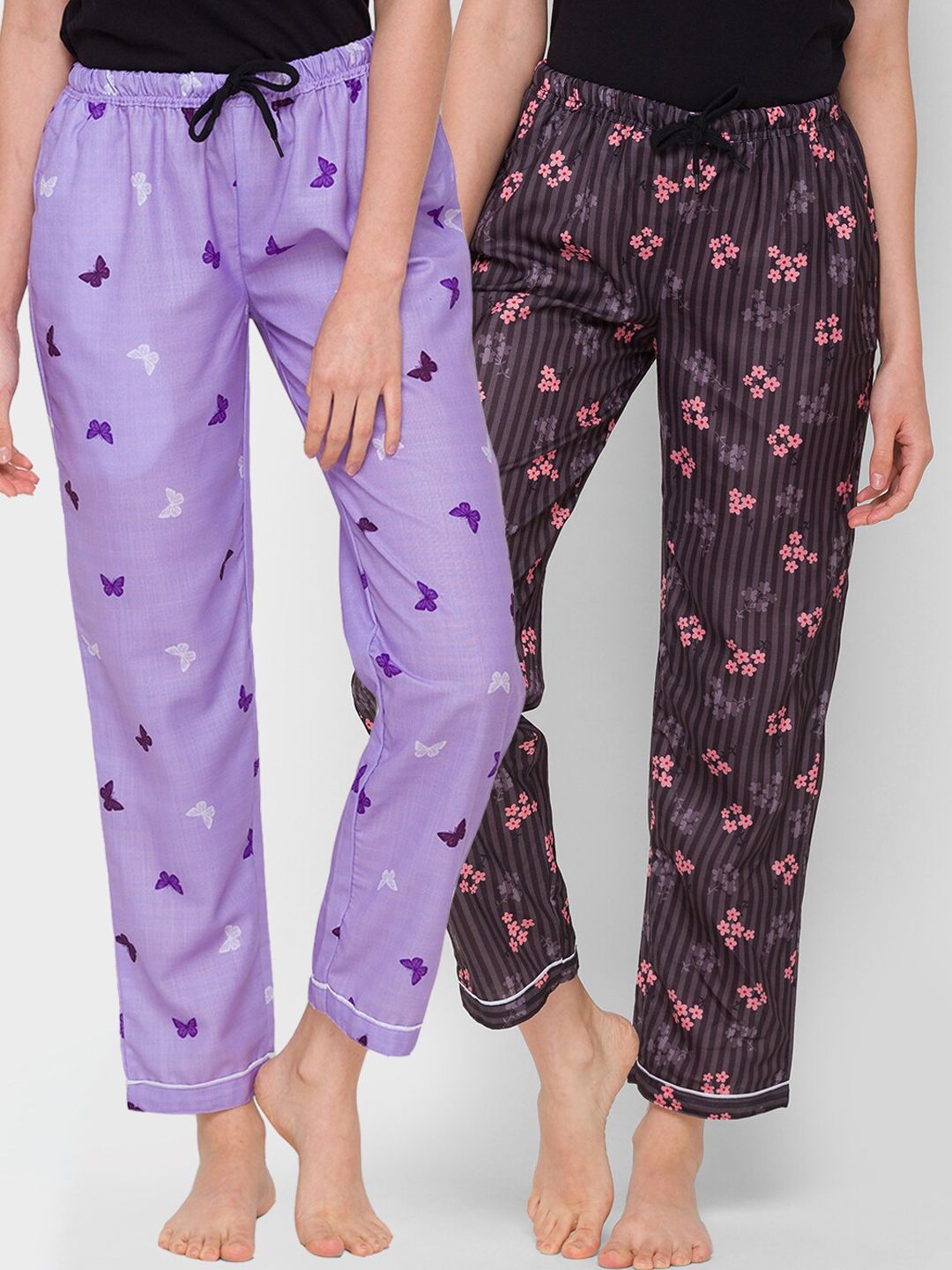 FashionRack Women Pack of 2 Purple & Brown Cotton Printed Lounge Pants Price in India