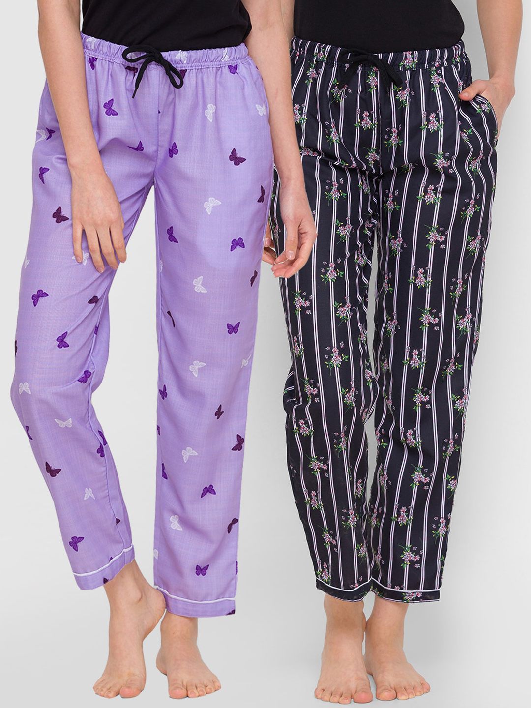 FashionRack Women Pack Of 2 Purple & Black Striped Cotton Lounge Pants Price in India