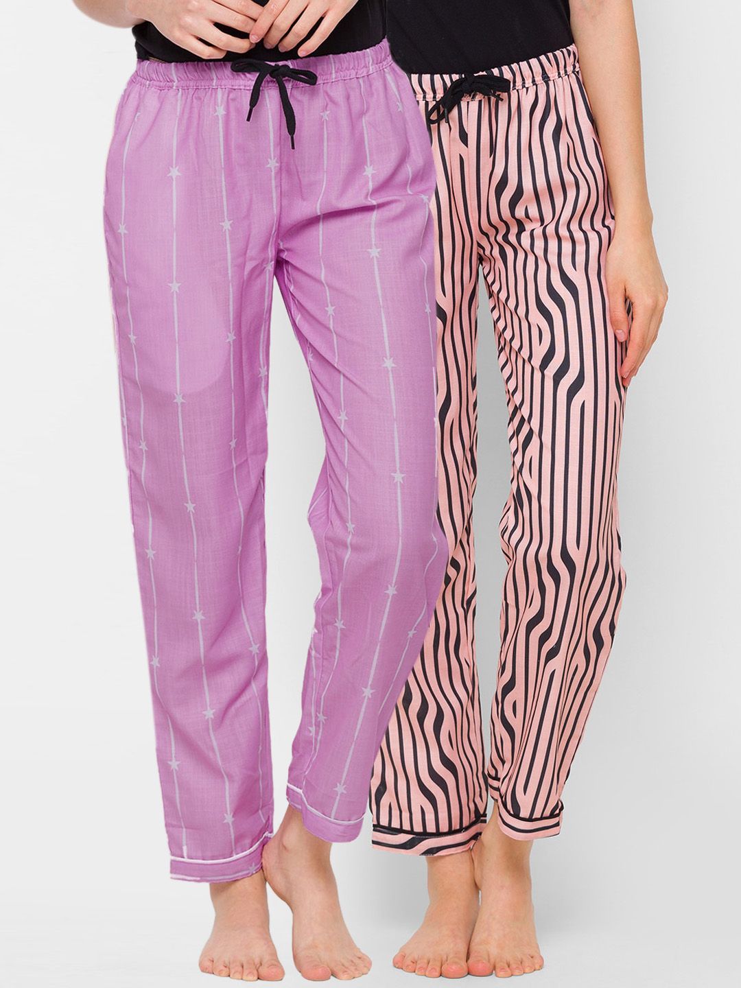 FashionRack Woman Pack of 2 Purple & Beige Printed Lounge Pants Price in India