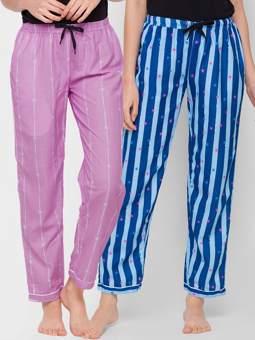 FashionRack Women Pack Of 2 Purple & Blue Striped Cotton Lounge Pants Price in India