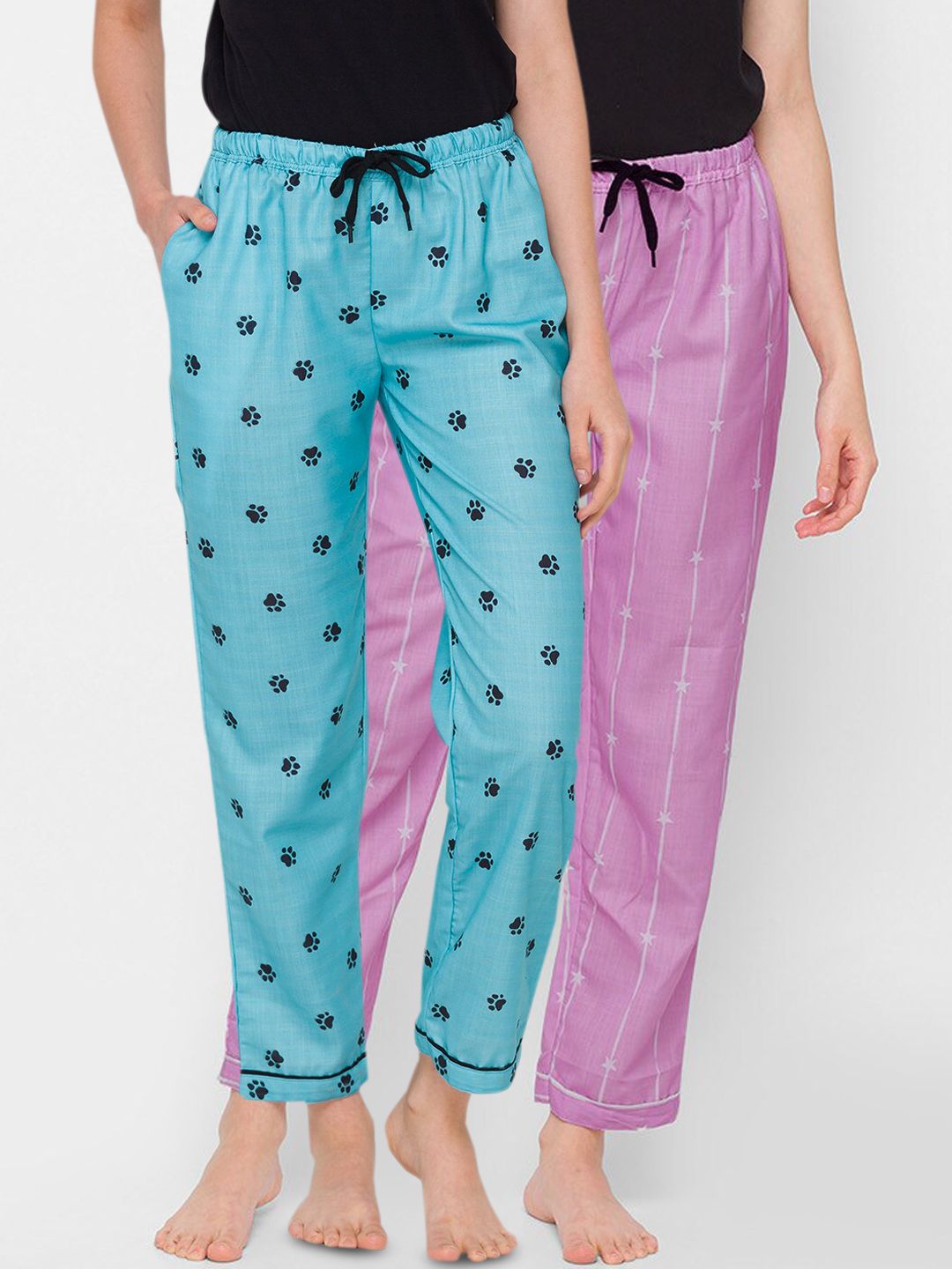 FashionRack Women Purple & Blue Set Of 2 Printed Cotton Lounge Pants Price in India