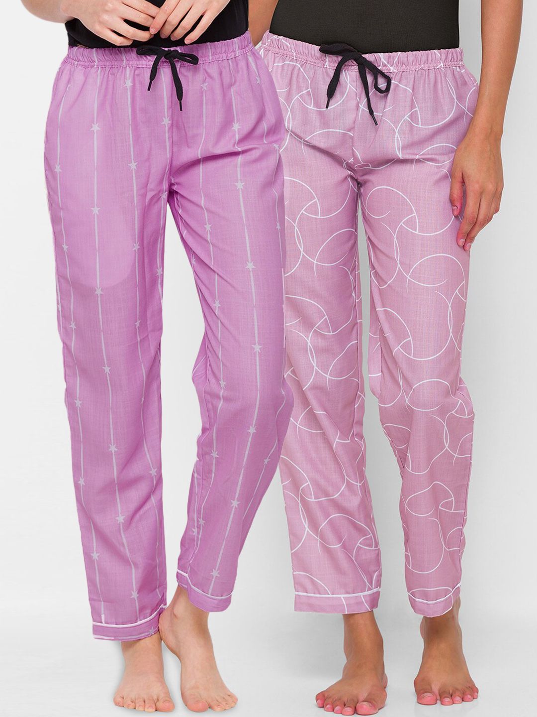 FashionRack Women Pink & Lavender Pack of 2 Printed Cotton Lounge Pants Price in India