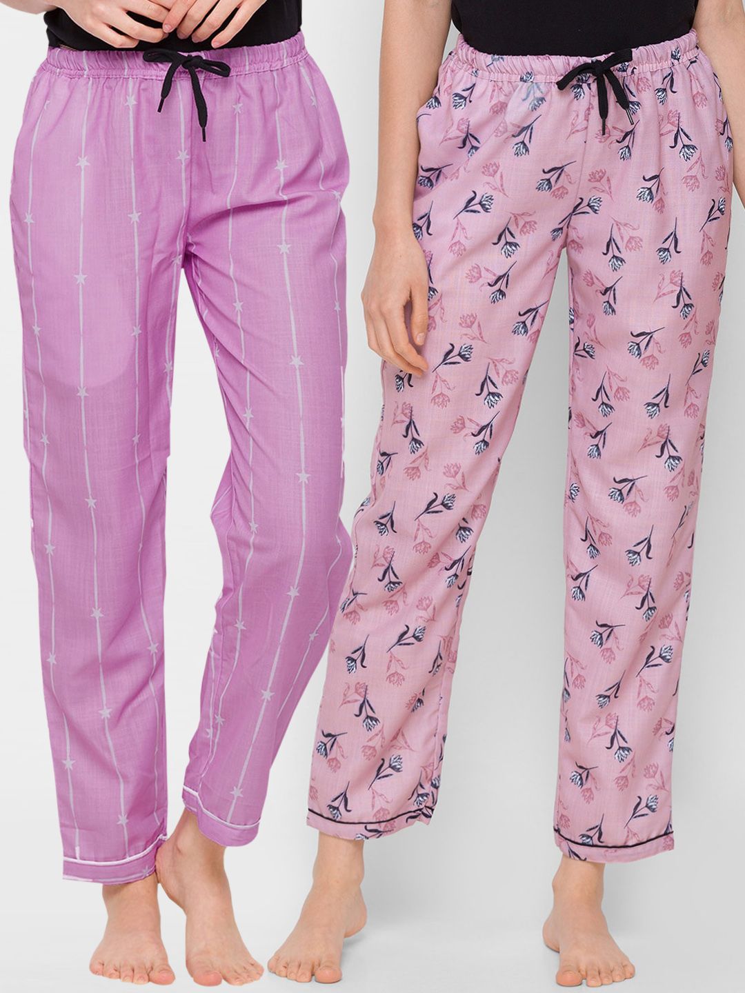 FashionRack Women Purple & Pink Set Of 2 Printed Cotton Lounge Pants Price in India