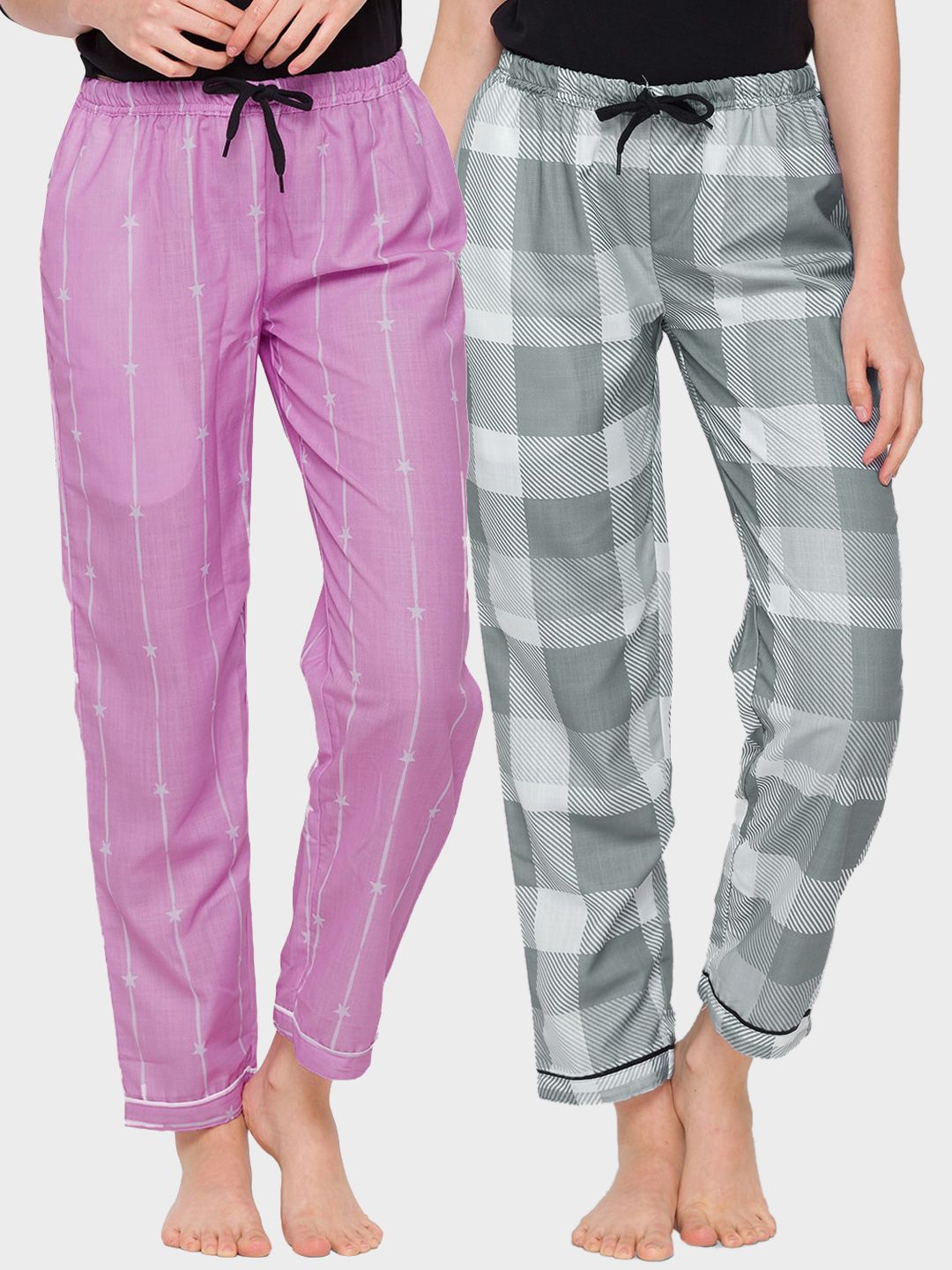 FashionRack Women Lavender & Grey Pack of 2 Printed Cotton Lounge Pants Price in India