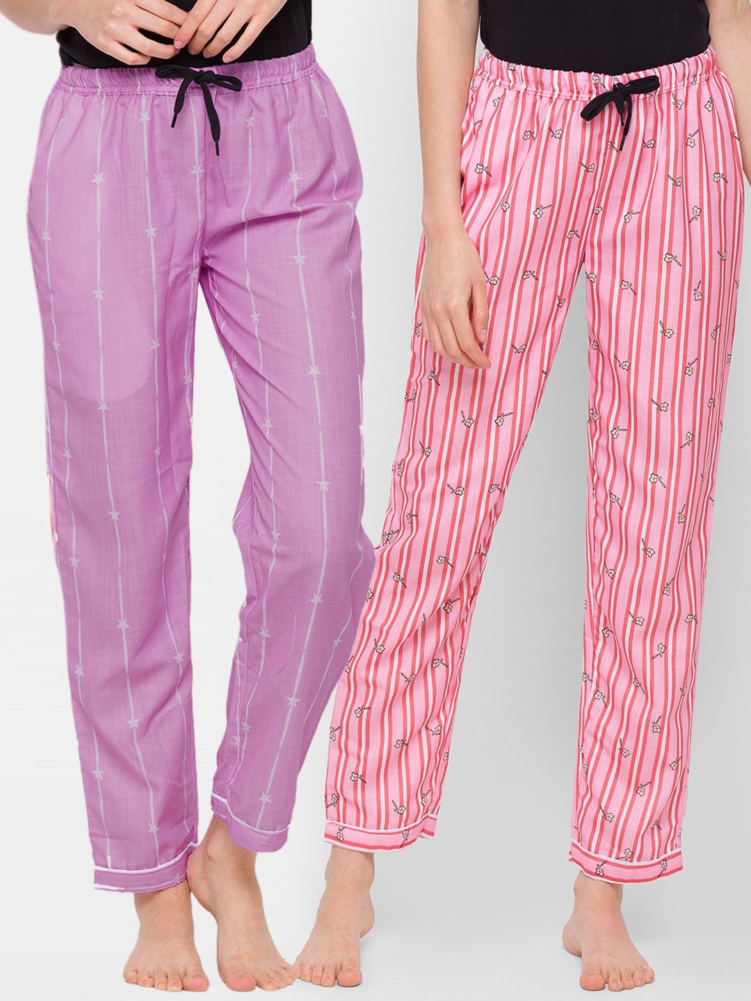 FashionRack Women Pack of 2 Purple & Pink Cotton Printed Pyjamas Price in India