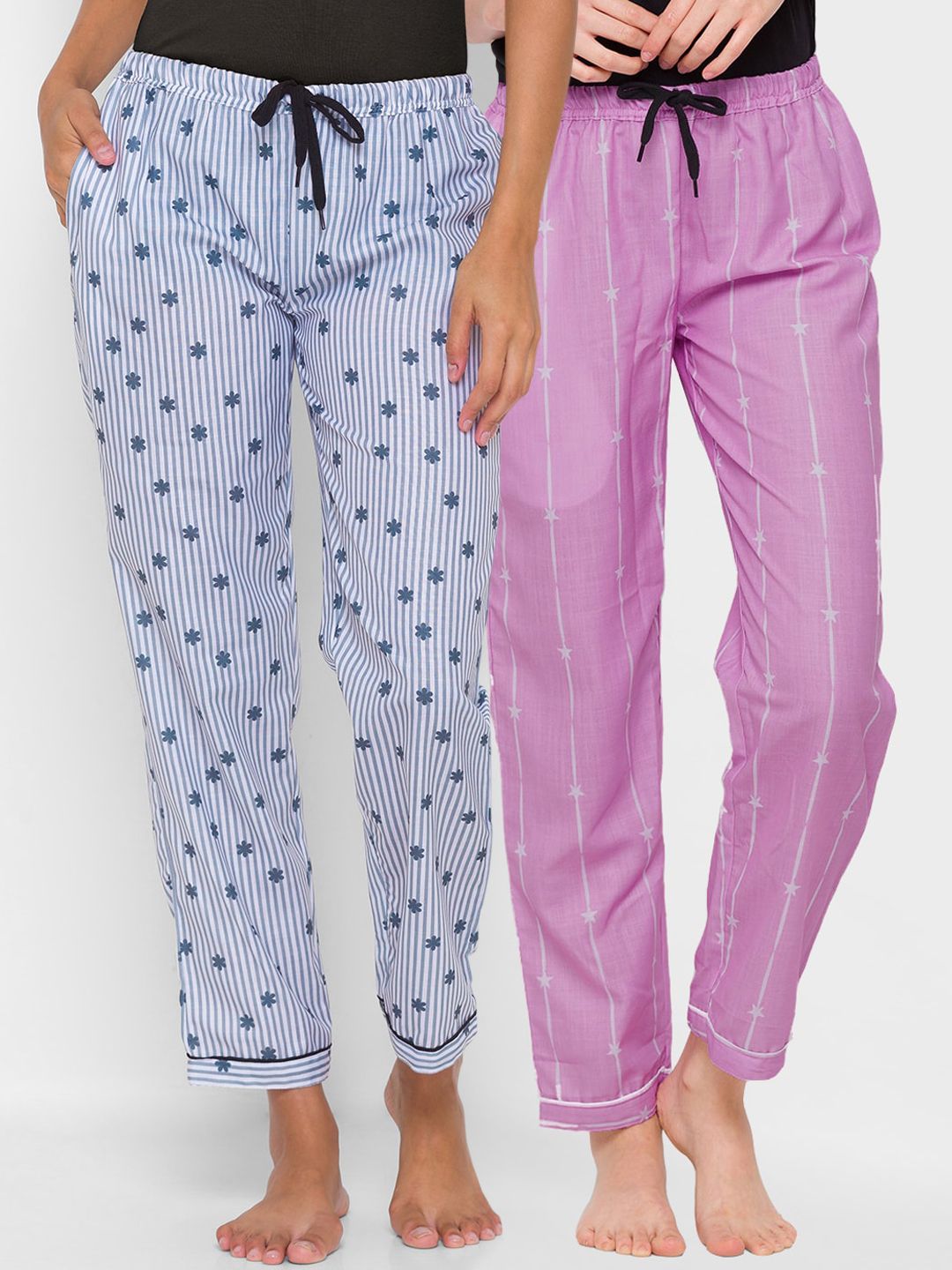 FashionRack Women Grey & Lavender Pack of 2 Printed Cotton Lounge Pants Price in India