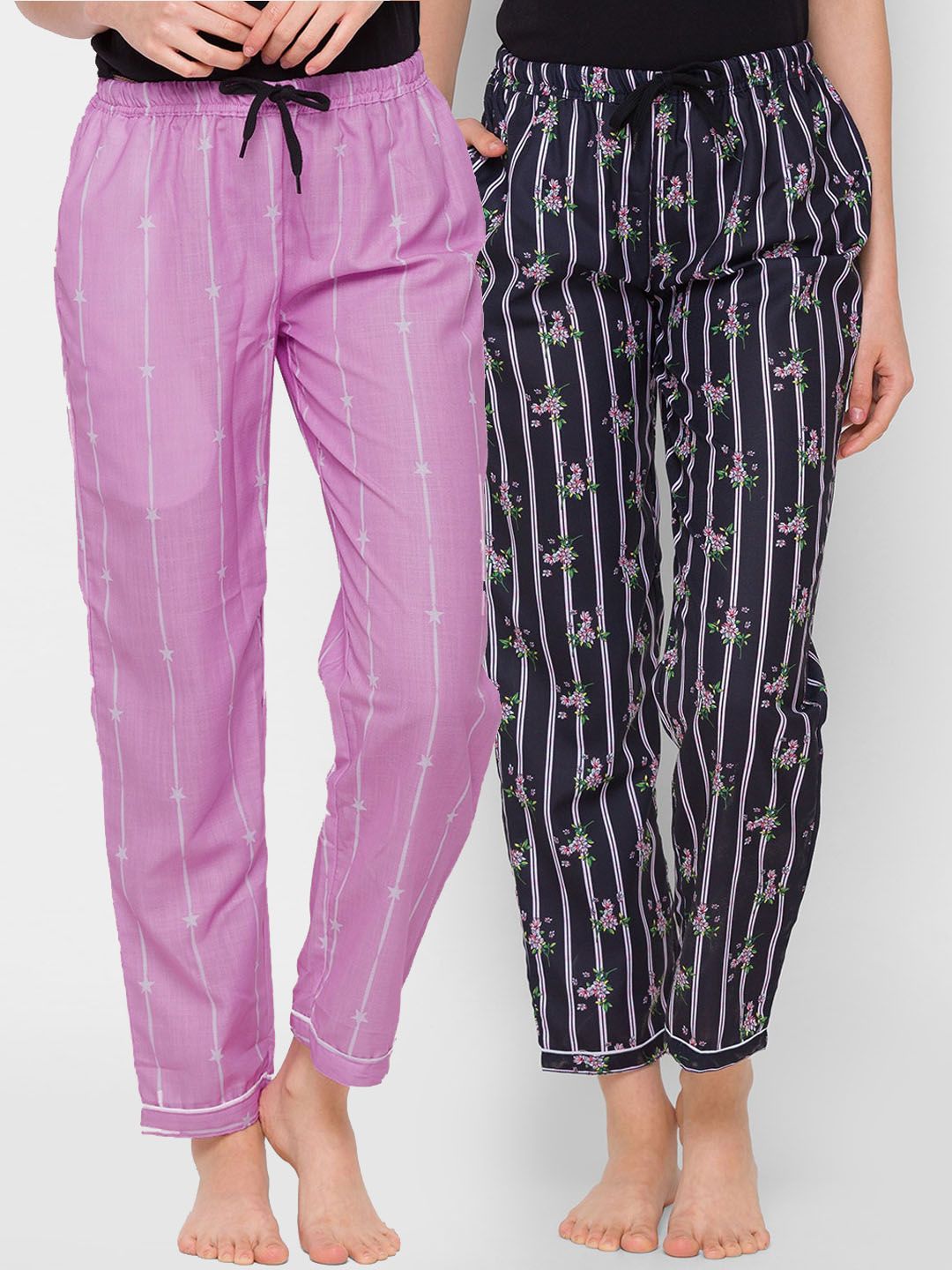 FashionRack Women Purple & Black Set Of 2 Printed Cotton Lounge Pants Price in India