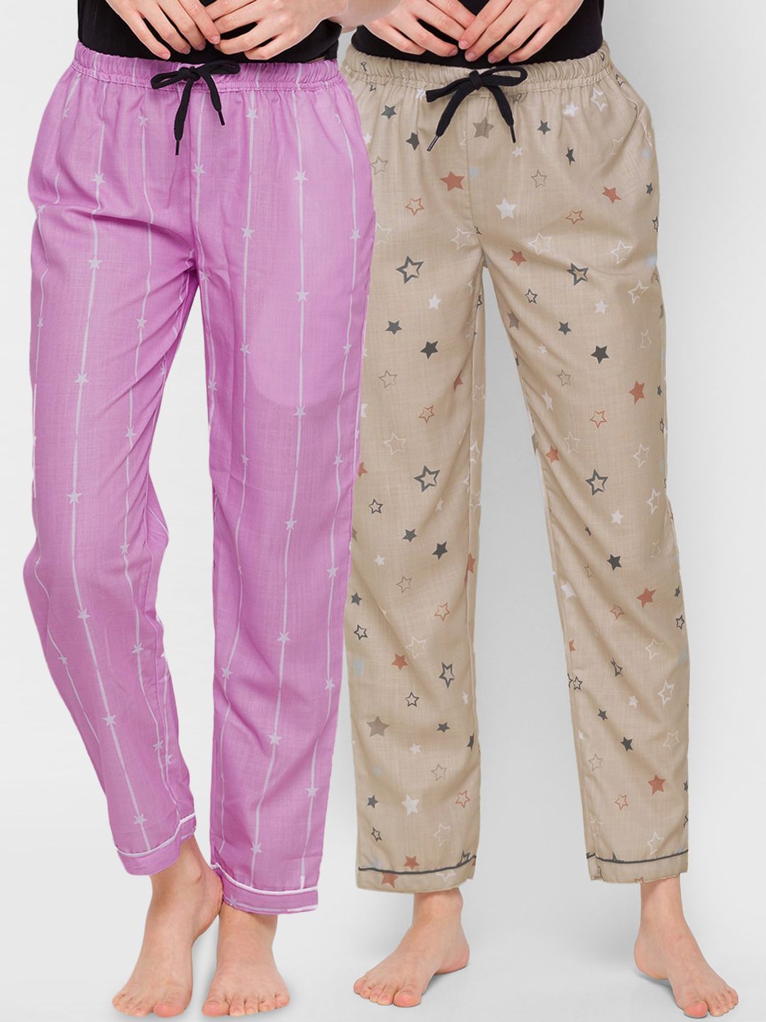 FashionRack Women Lavender & Beige Pack of 2 Printed Cotton Lounge Pants Price in India