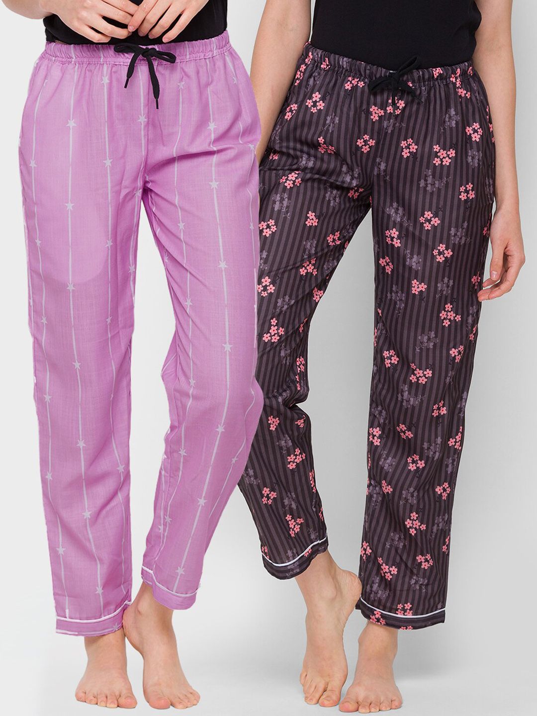 FashionRack Women Pack of 2 Purple & Brown Cotton Printed Pyjamas Price in India