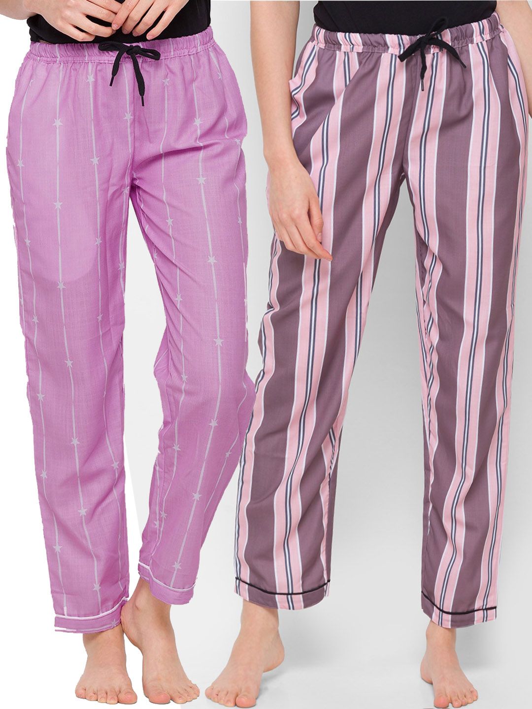 FashionRack Women Pack Of 2 Purple & Pink Printed Cotton Lounge Pants Price in India