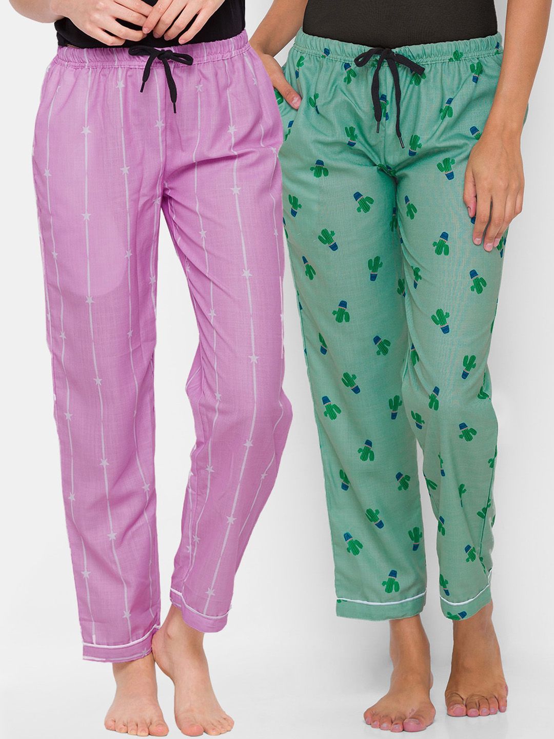 FashionRack Women Pack of 2 Purple & Green Cotton Lounge Pants Price in India