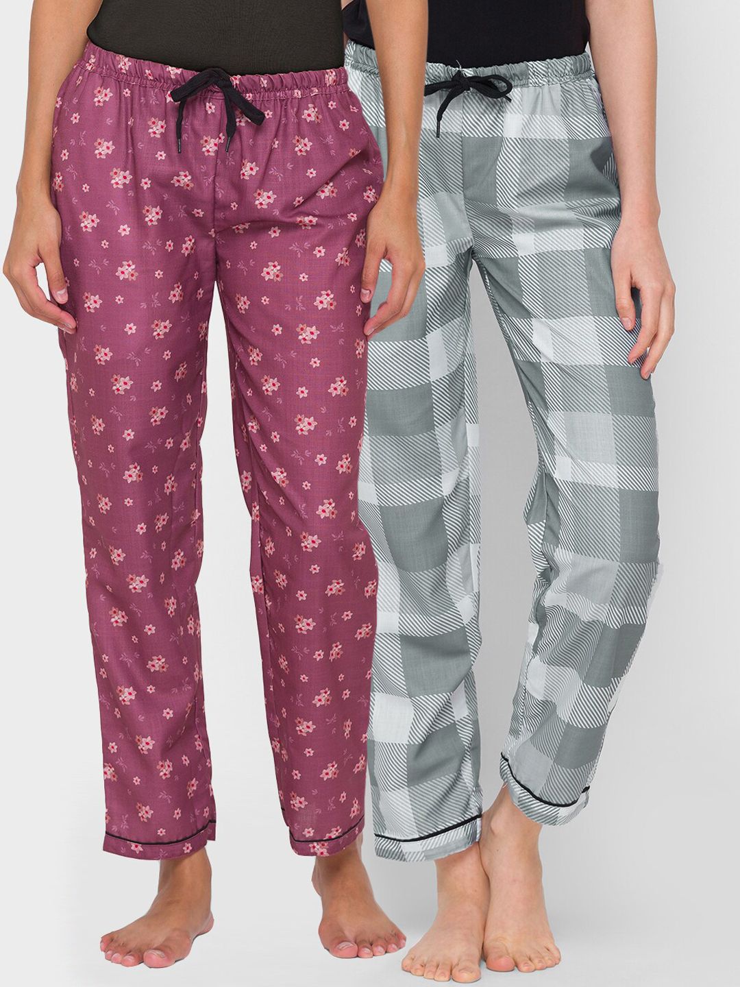 FashionRack Women Pack Of 2 Purple & Grey Printed Cotton Lounge Pants Price in India