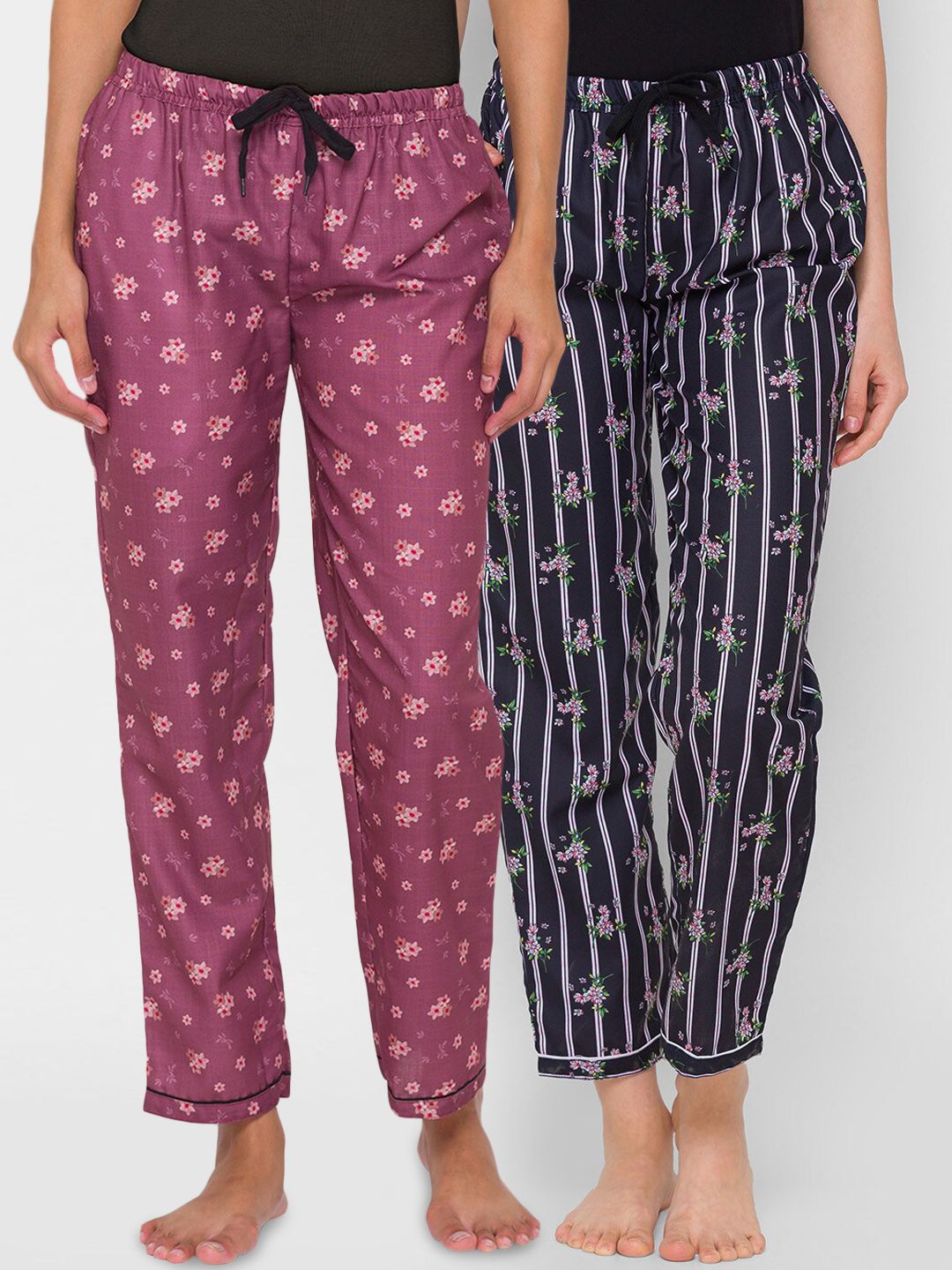 FashionRack Women Purple & Black Set Of 2 Printed Cotton Lounge Pants Price in India