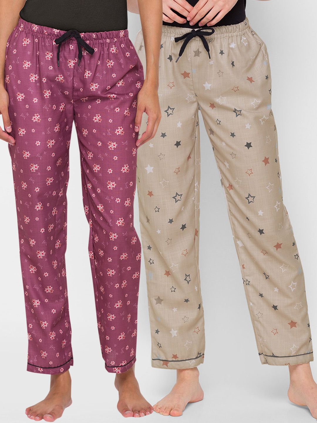 FashionRack Woman Pack of 2 Purple & Beige Printed Lounge Pants Price in India