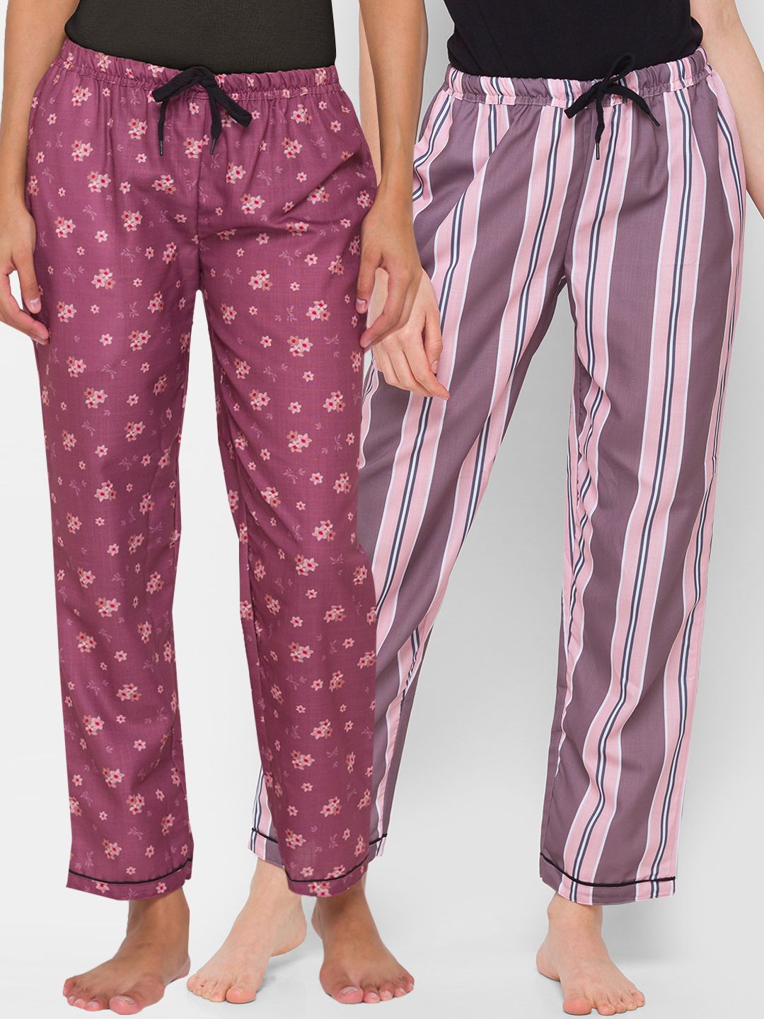 FashionRack Women Purple & Pink Set Of 2 Printed Cotton Lounge Pants Price in India