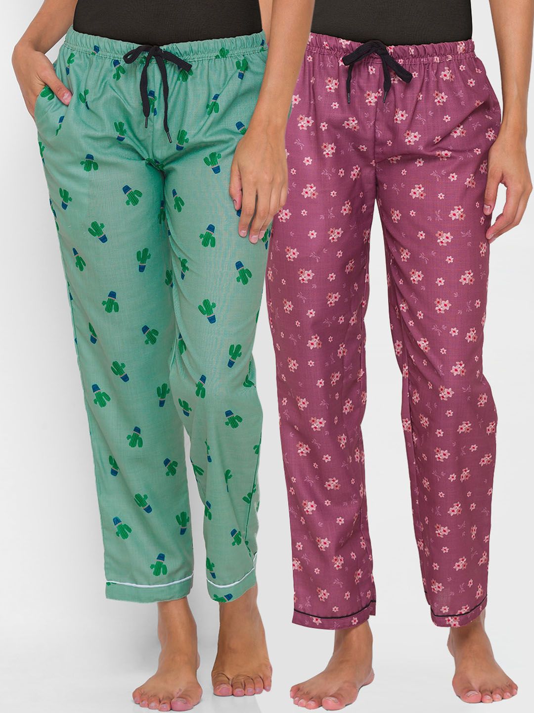 FashionRack Women Purple & Green Pack of 2 Printed Cotton Lounge Pants Price in India