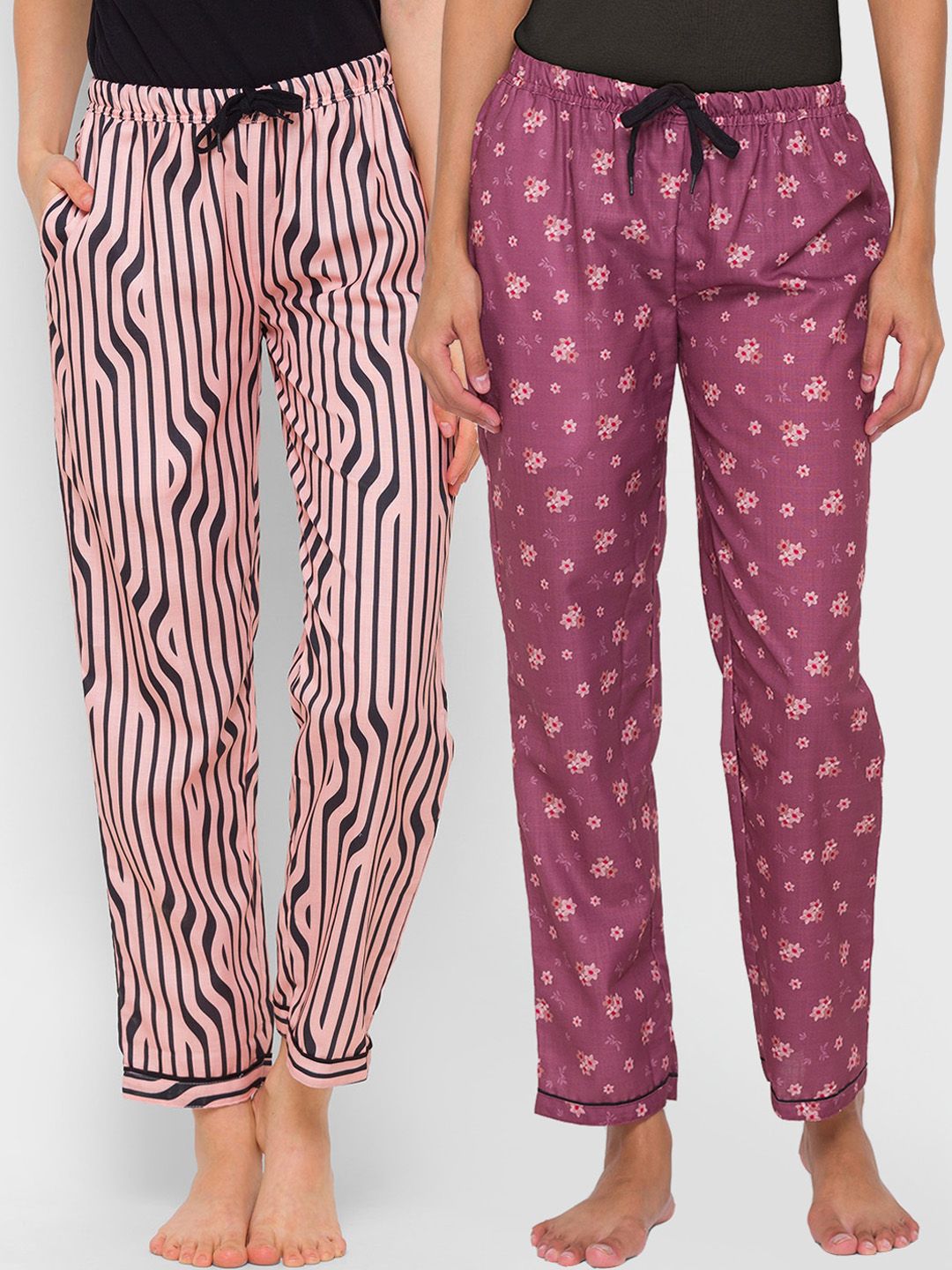 FashionRack Women Pack of 2 Purple & Beige Printed Lounge Pants Price in India