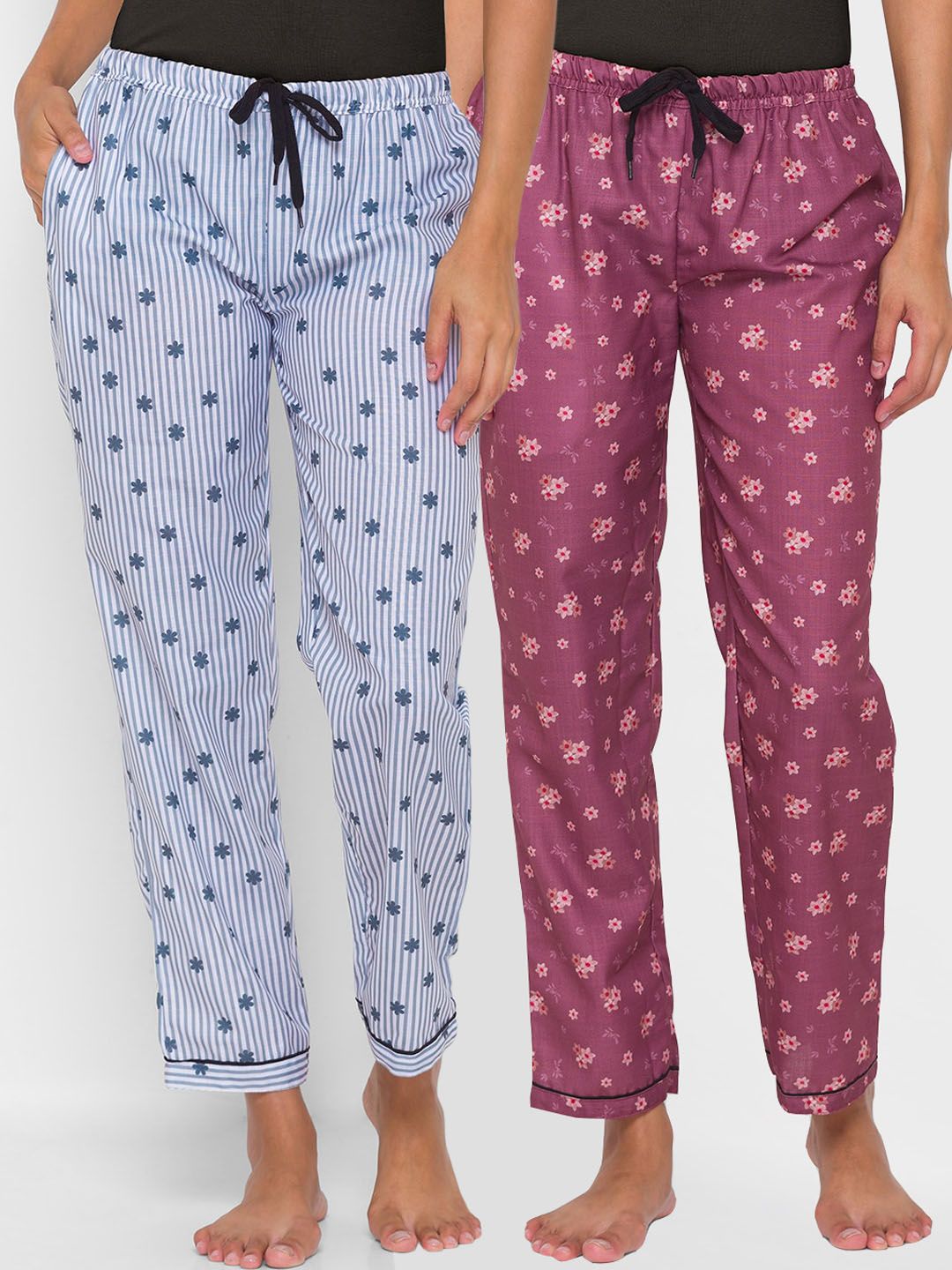 FashionRack Women Pack of 2 Purple & Grey Cotton Printed Pyjamas Price in India
