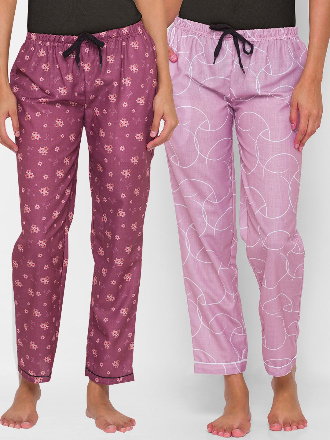 FashionRack Women Pack Of 2 Purple & Pink Printed Cotton Lounge Pants Price in India