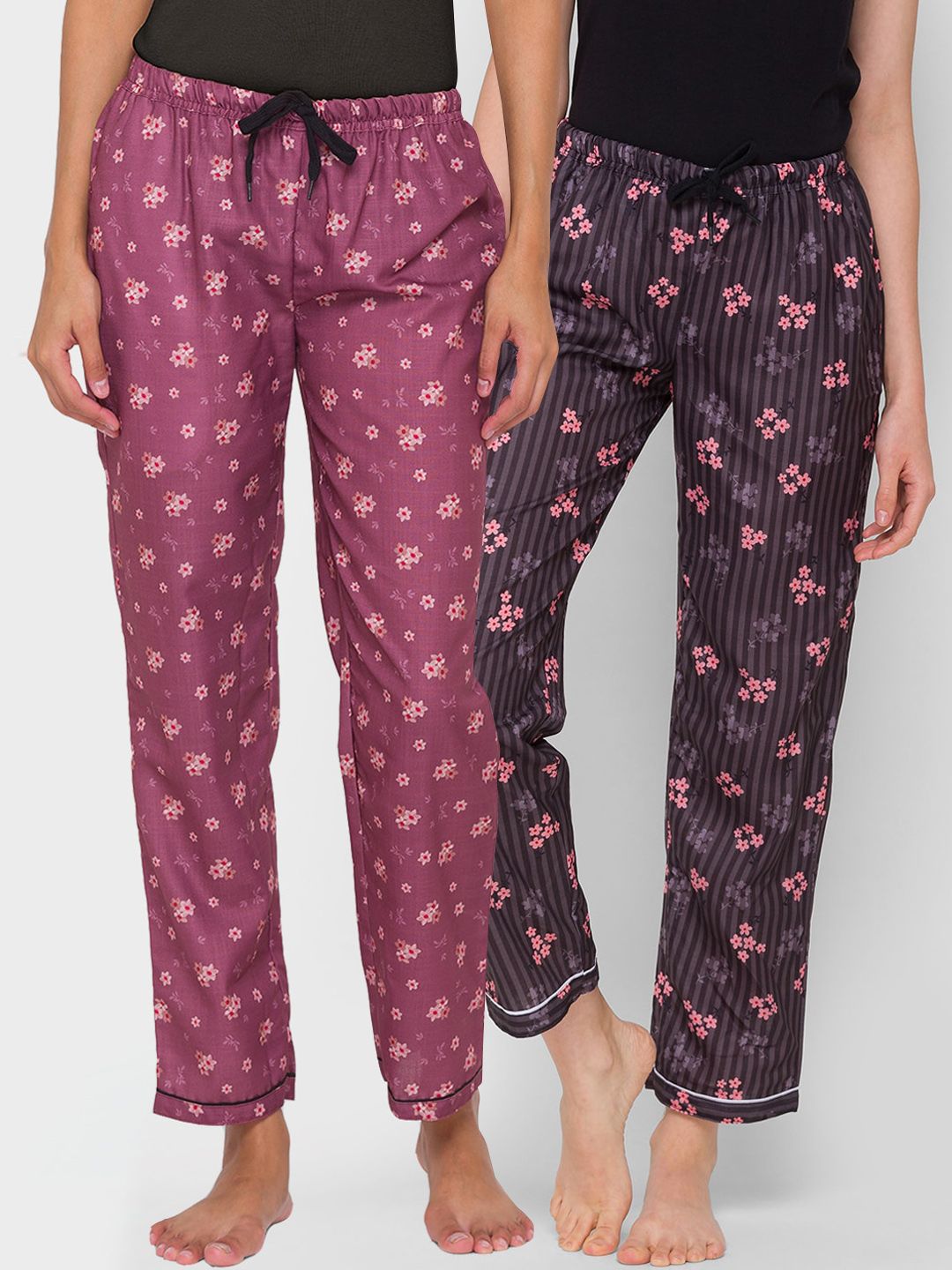 FashionRack Woman Pack of 2 Purple & Brown Printed Lounge Pants Price in India