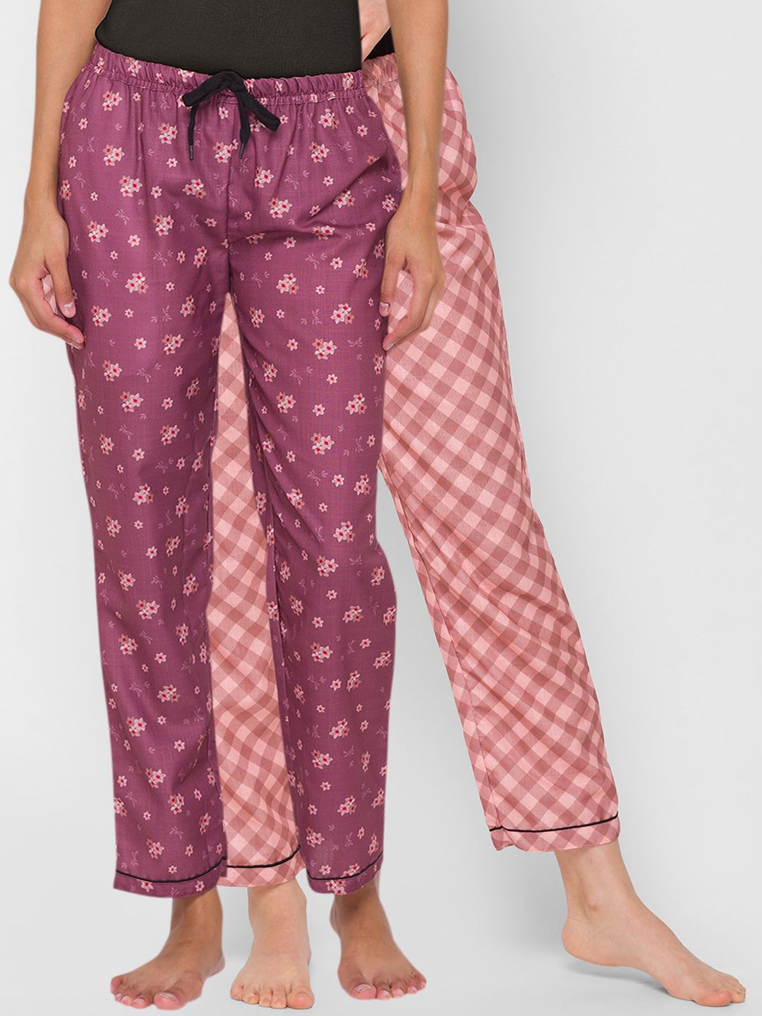 FashionRack Women Purple & Brown Pack of 2 Printed Cotton Lounge Pants Price in India