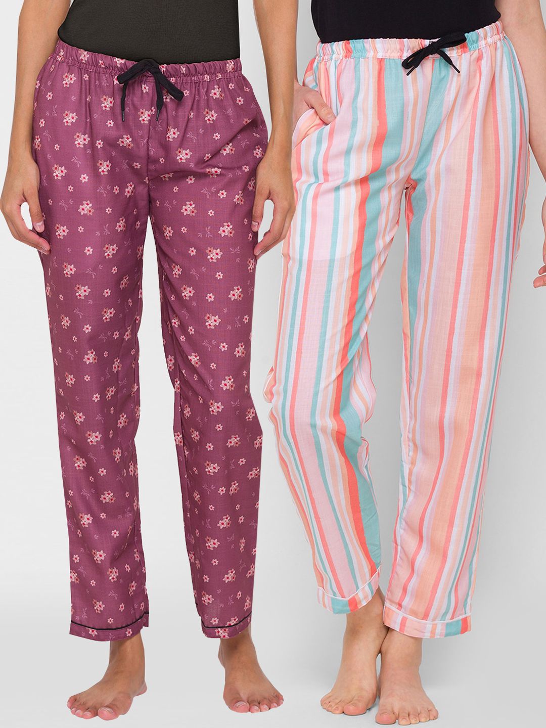 FashionRack Women Pack of 2 Purple & Coral Cotton Printed Pyjamas Price in India