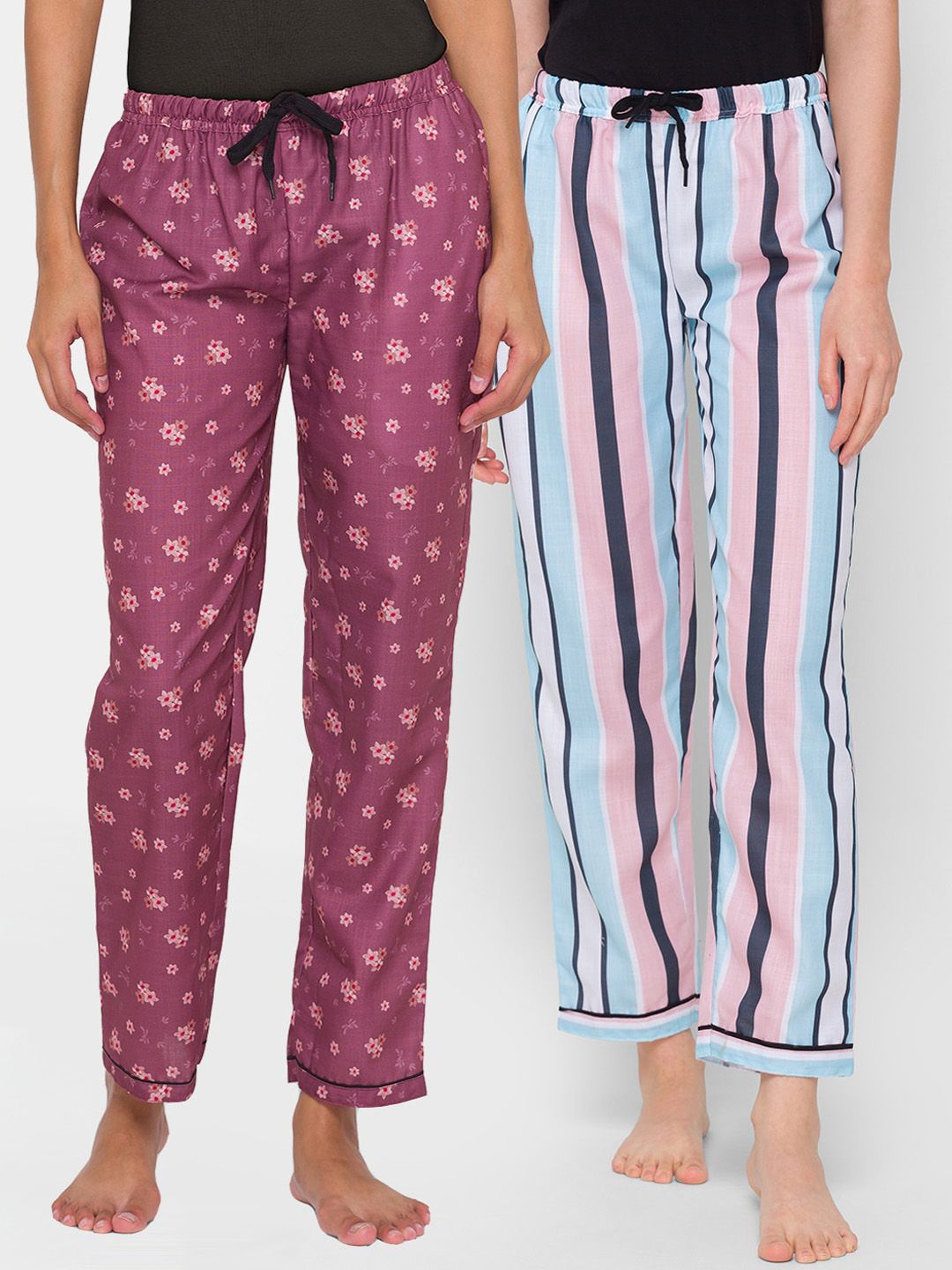 Kryptic Woman Pack Of 2 Purple & Multicolour Striped 100% Cotton Lounge Pants Price in India