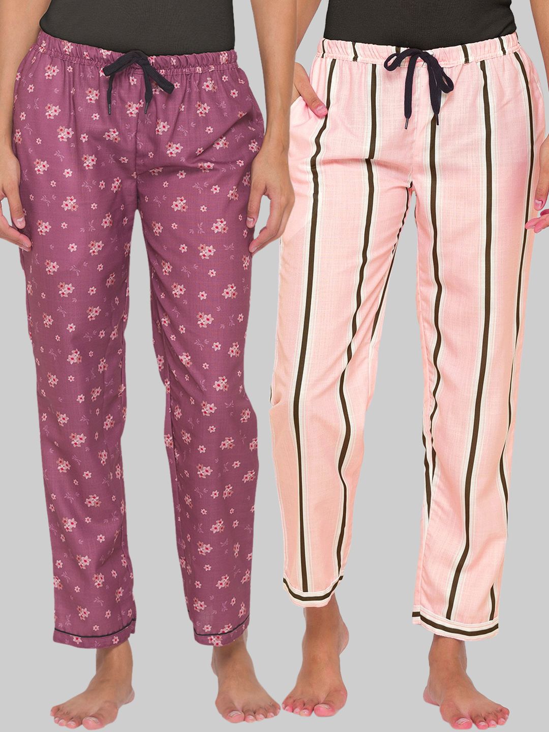 FashionRack Women Purple & Pink Set Of 2 Printed Cotton Lounge Pants Price in India