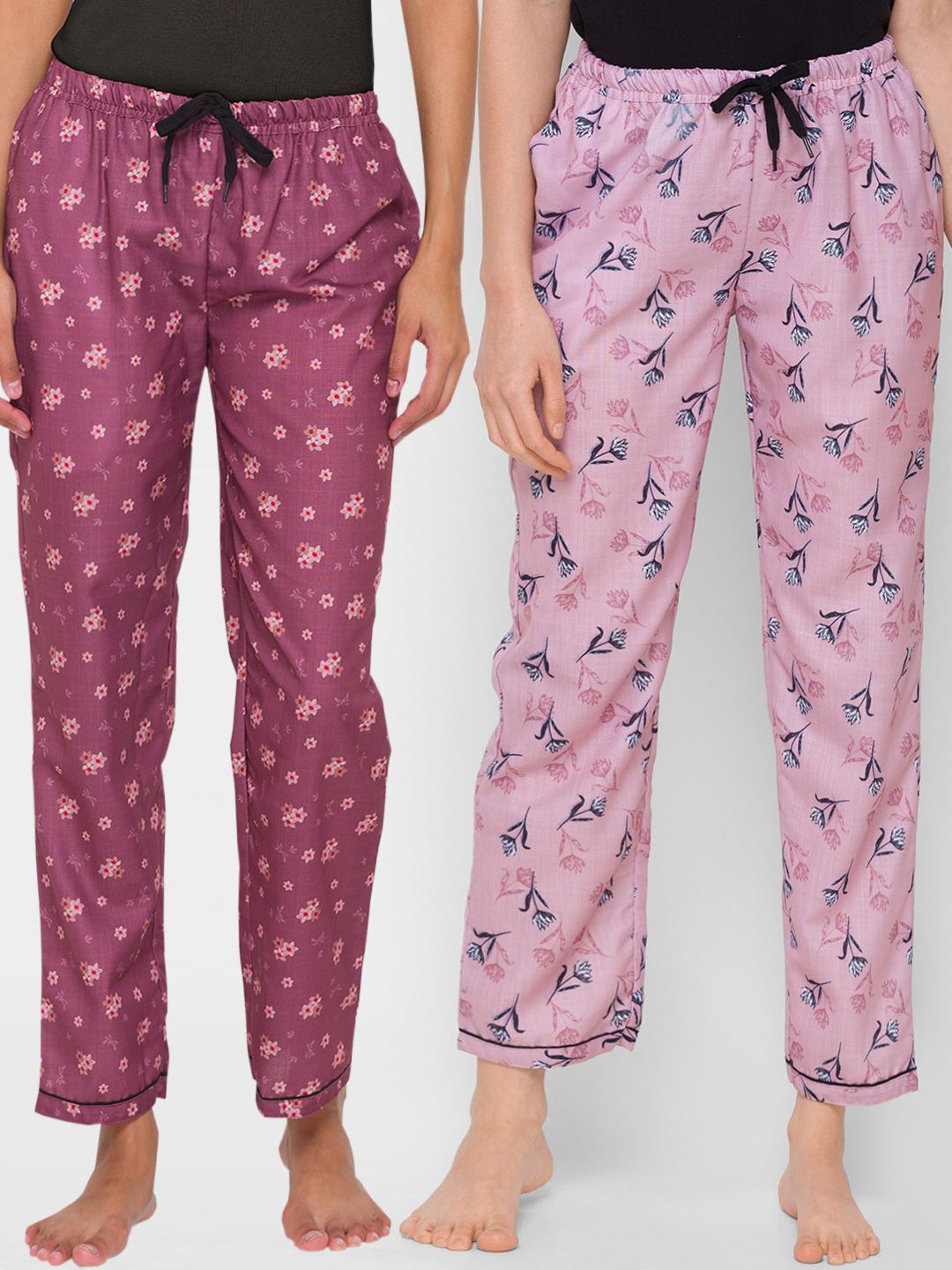 FashionRack Women Pink & Purple Pack of 2 Printed Cotton Lounge Pants Price in India